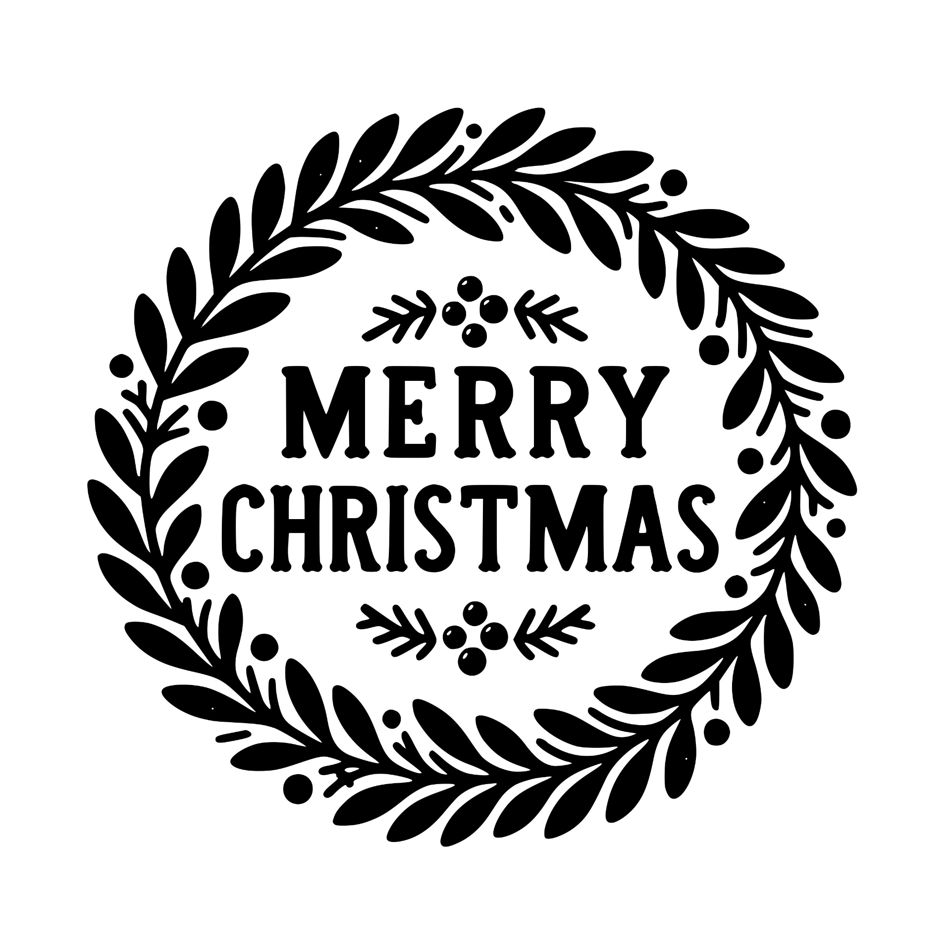 Merry Christmas wreath with leaves and berries