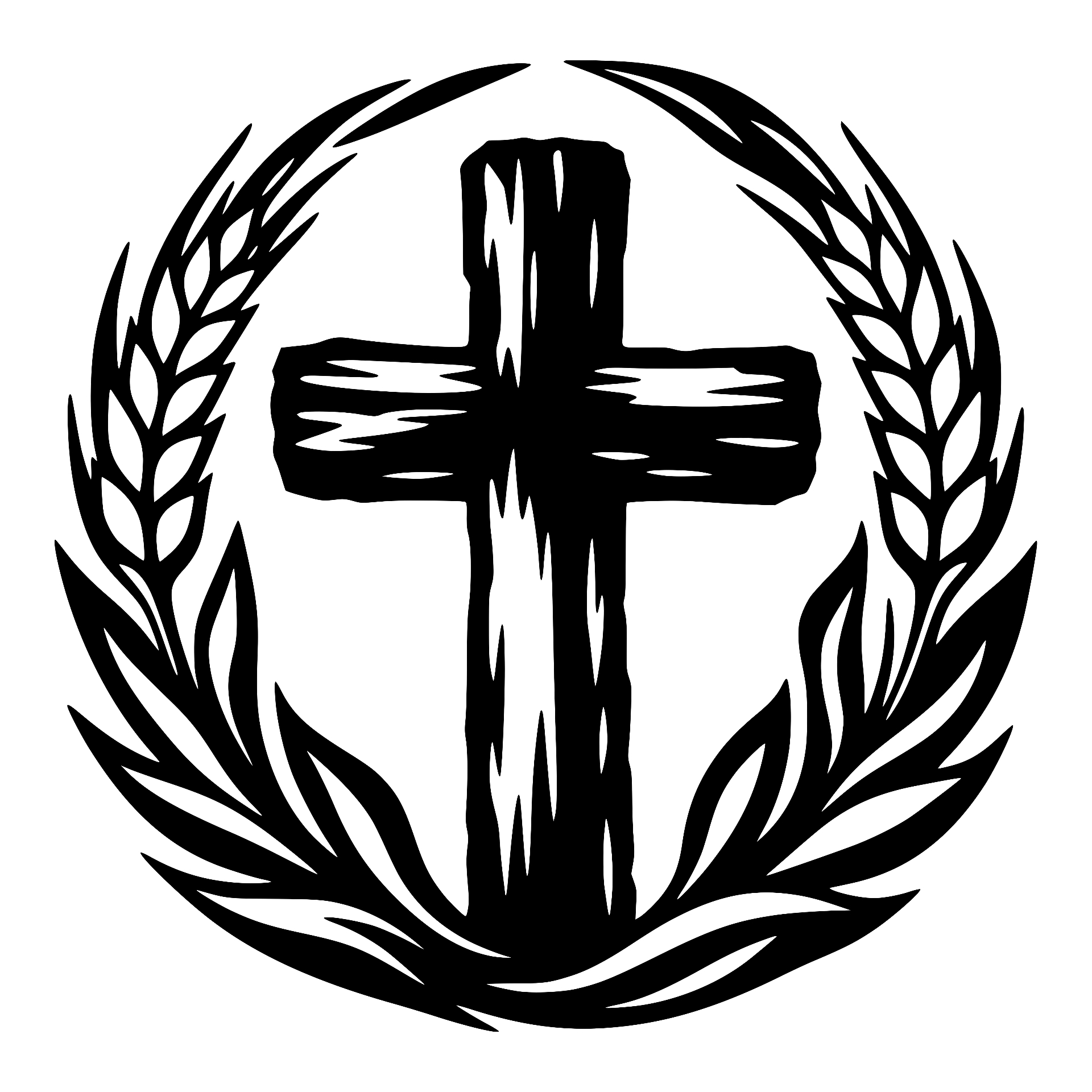 Wooden cross inside a circular wheat wreath