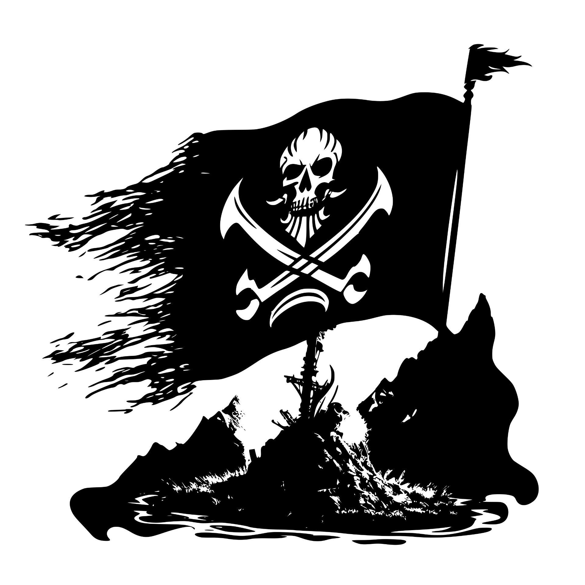 Tattered Jolly Roger pirate flag with skull and crossed swords