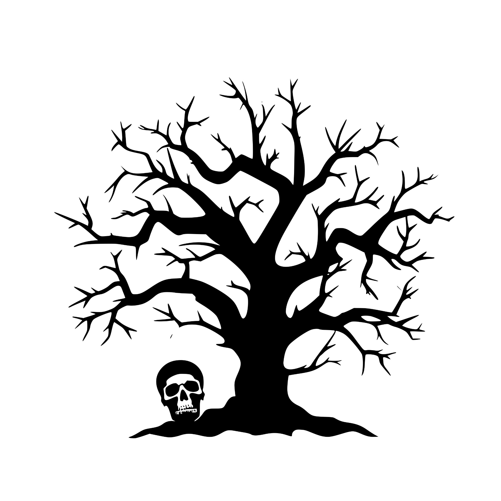 Spooky bare tree with a skull at its base