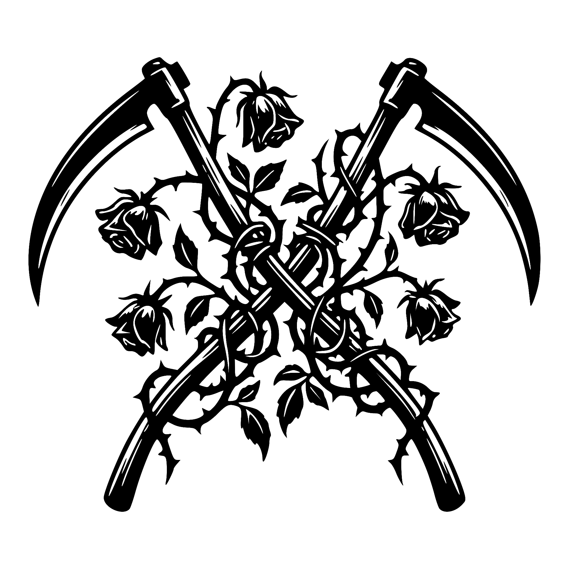 Two crossed scythes with roses and thorns