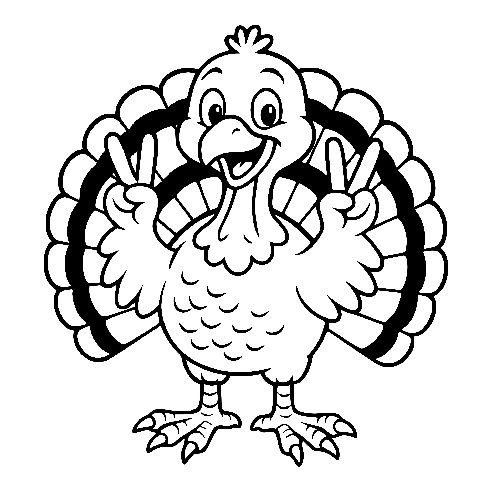 Cheerful turkey flashing peace signs with both wings