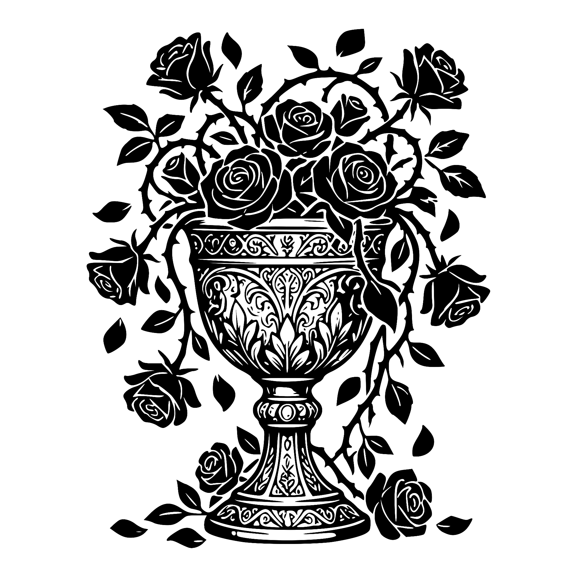 Ornate urn overflowing with roses and leaves