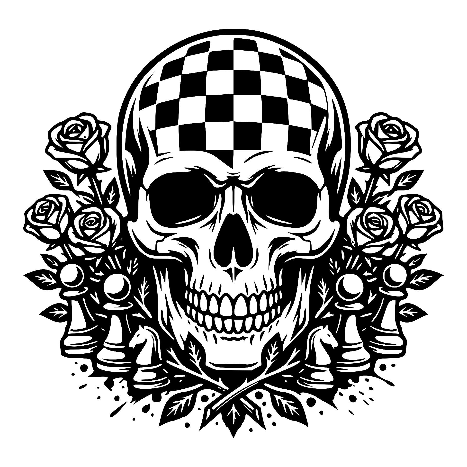Skull with checkered pattern and chess pieces