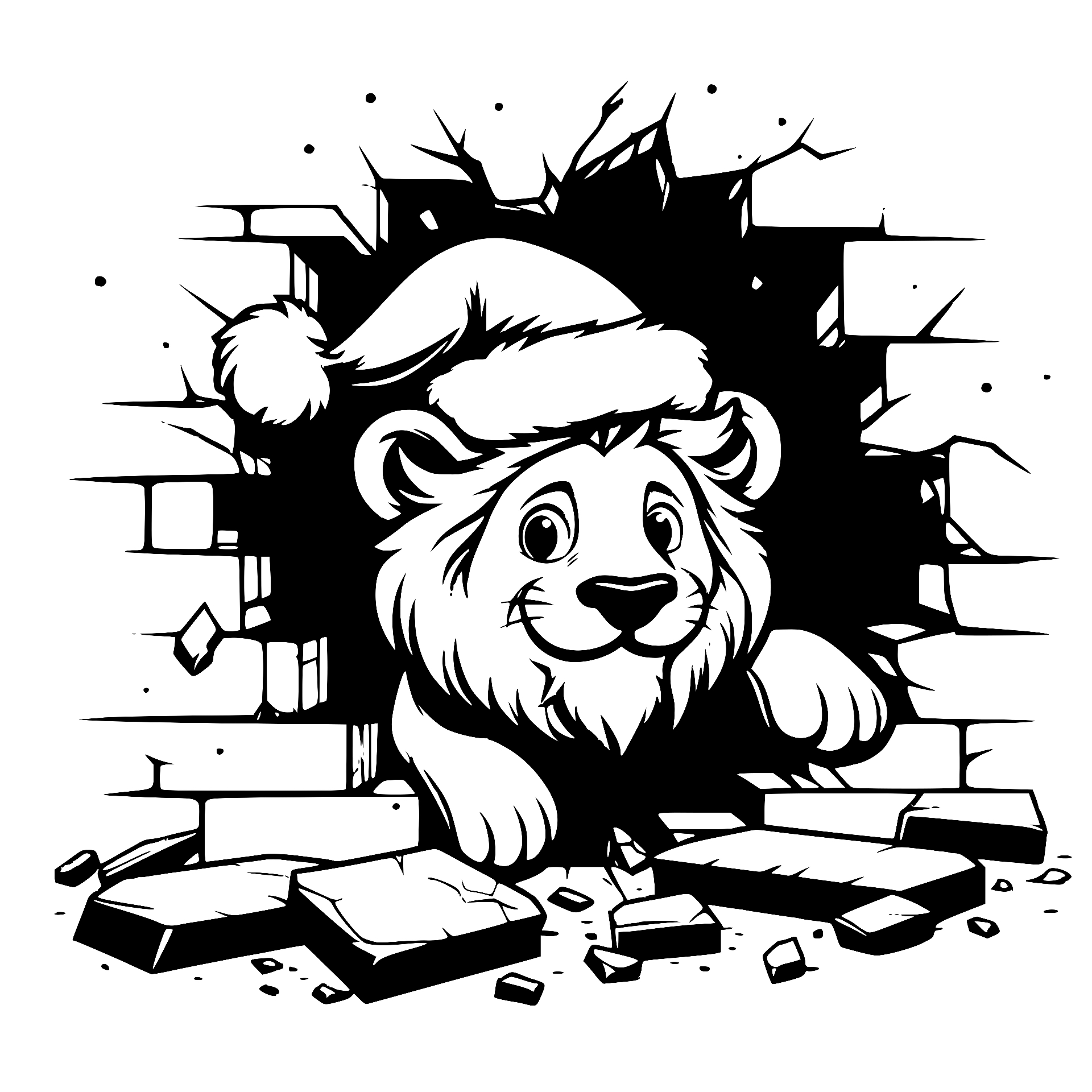 Lion in a Santa hat breaking through a brick wall