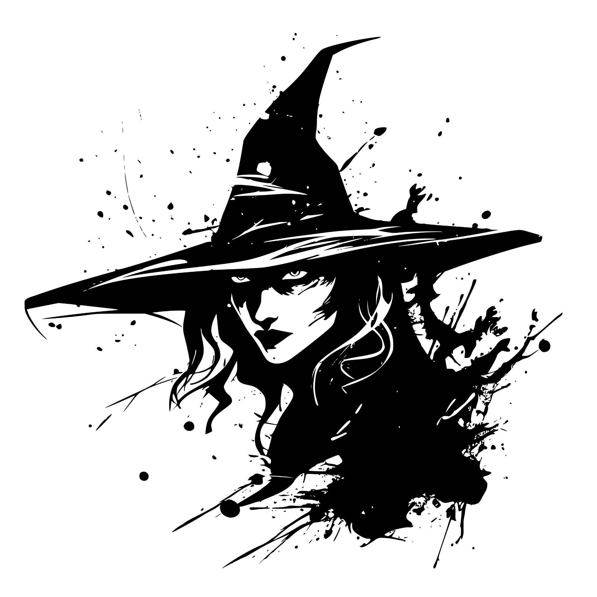Witch in a pointed hat with ink splatter