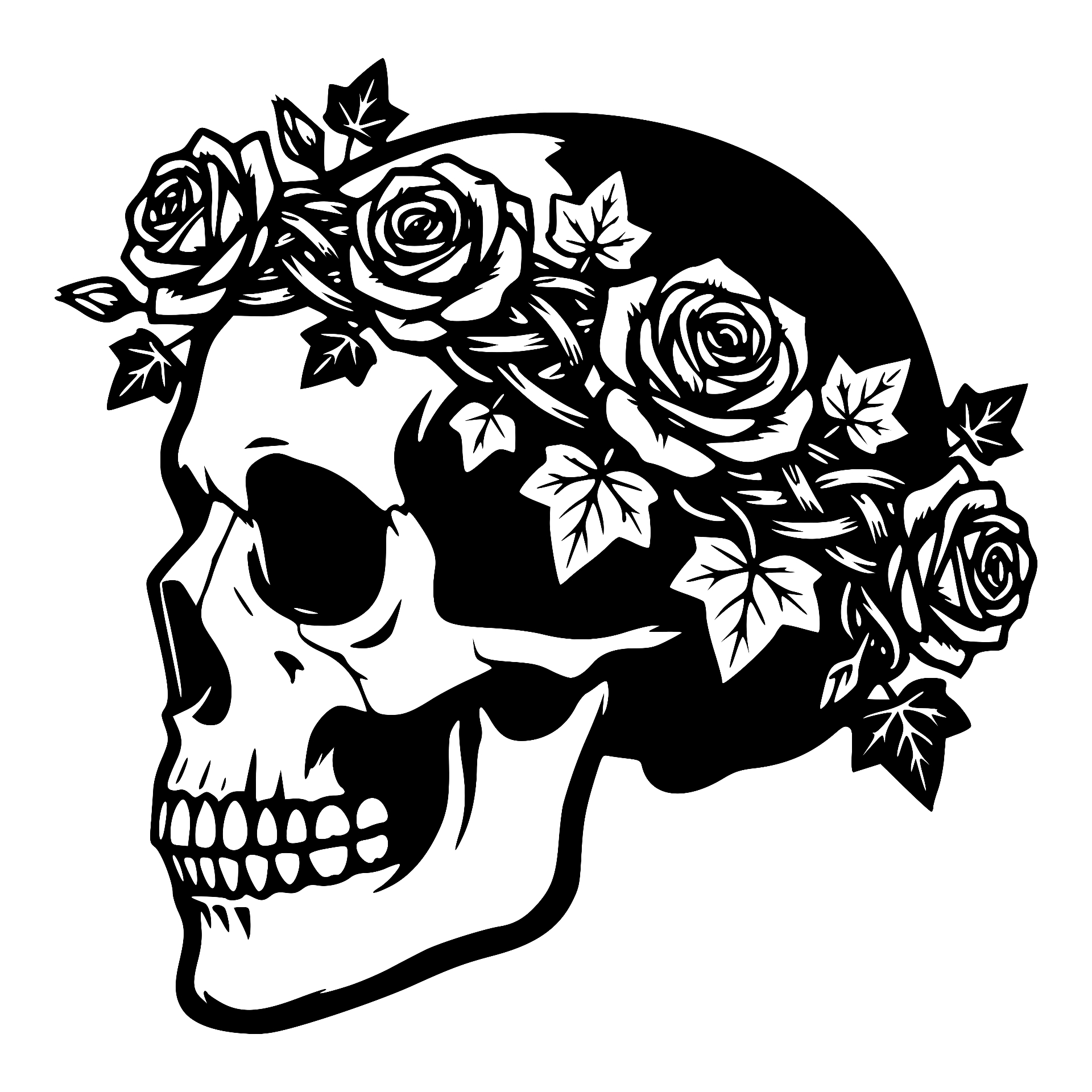 Side-profile skull crowned with roses and ivy