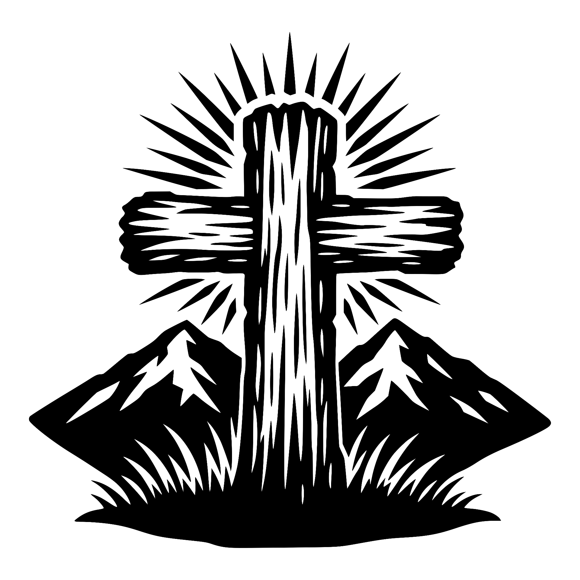 Radiant cross with sunburst over mountains