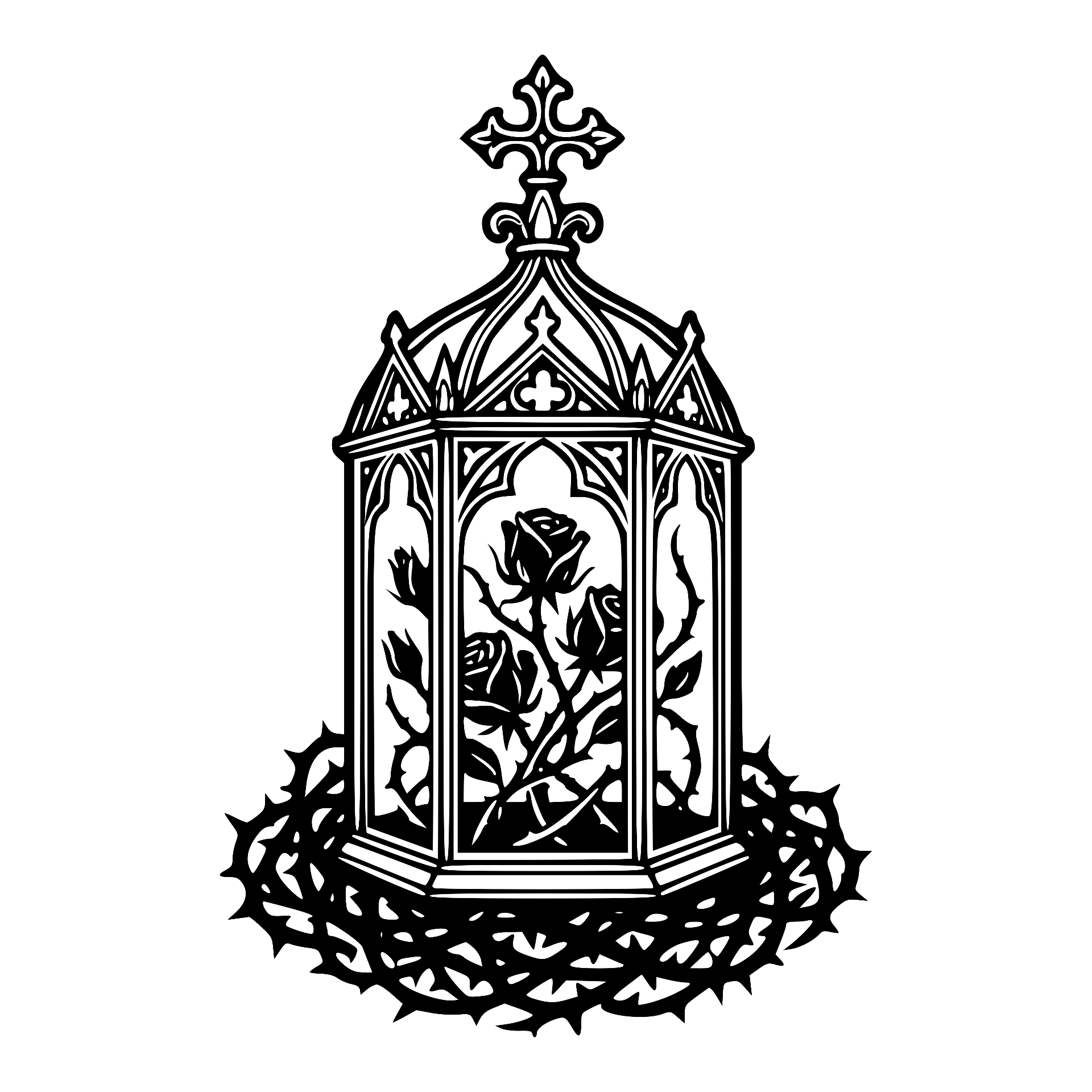 Gothic lantern with roses sealed inside on a thorn bed