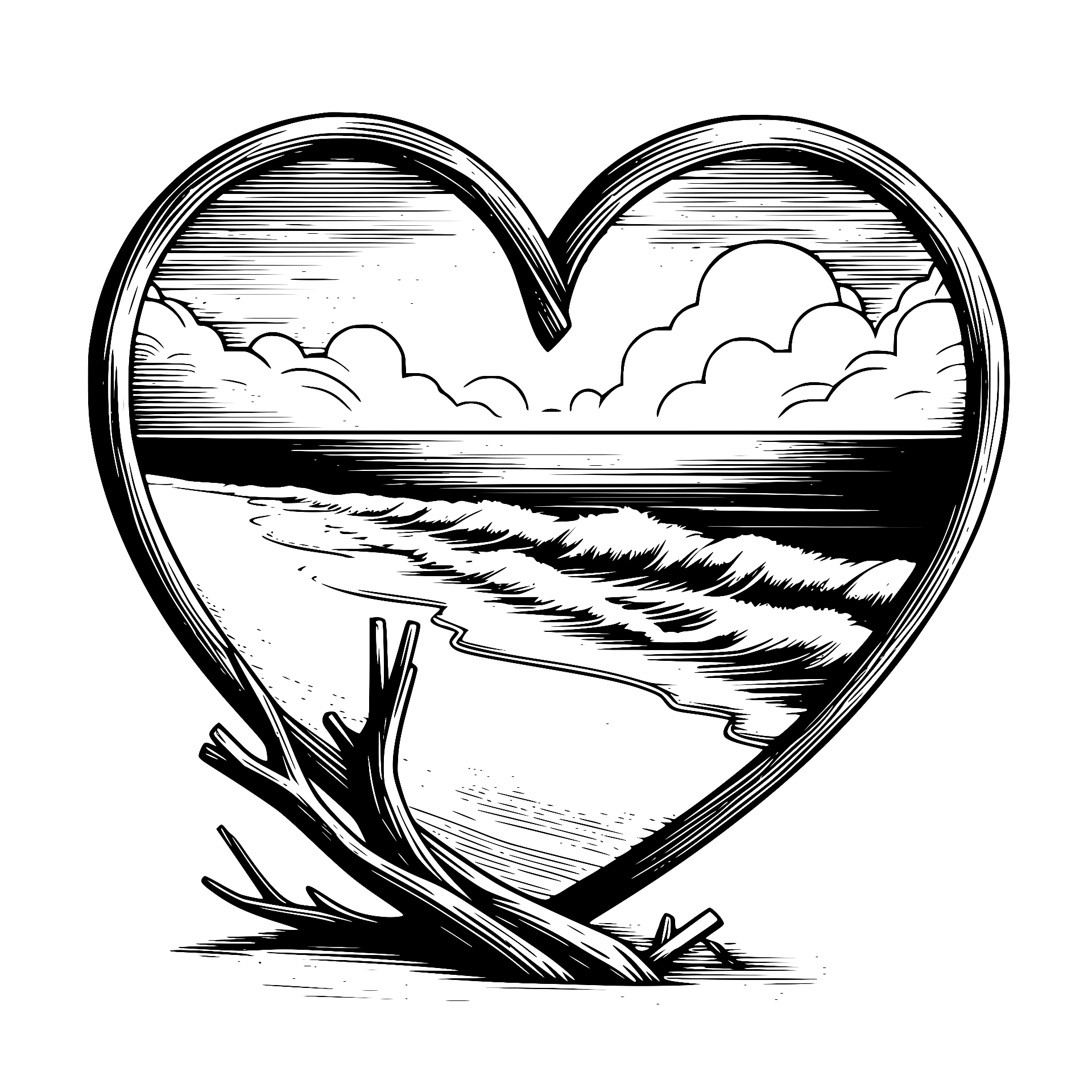 Heart-shaped shoreline scene with driftwood