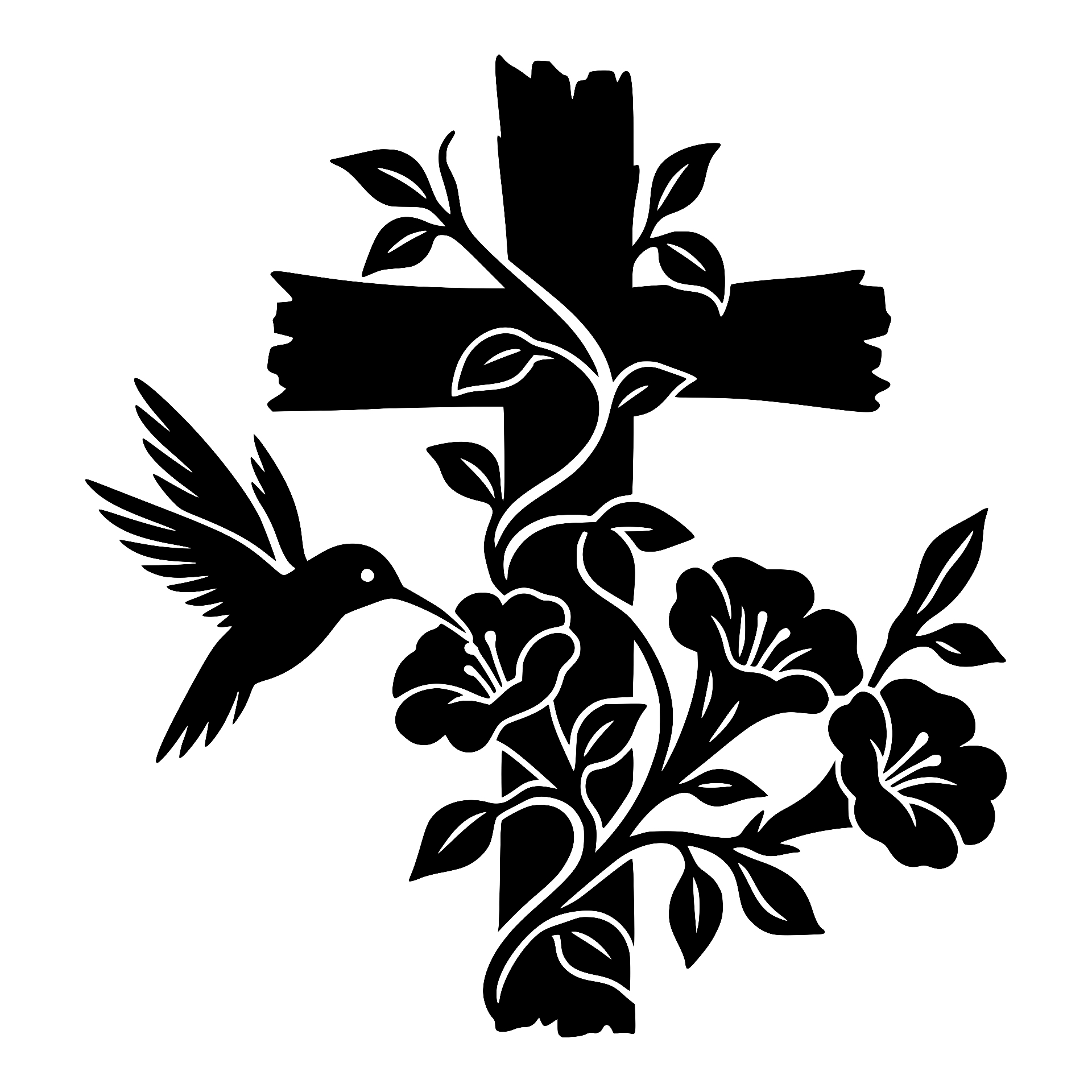 Wooden cross with a hummingbird and trumpet flowers