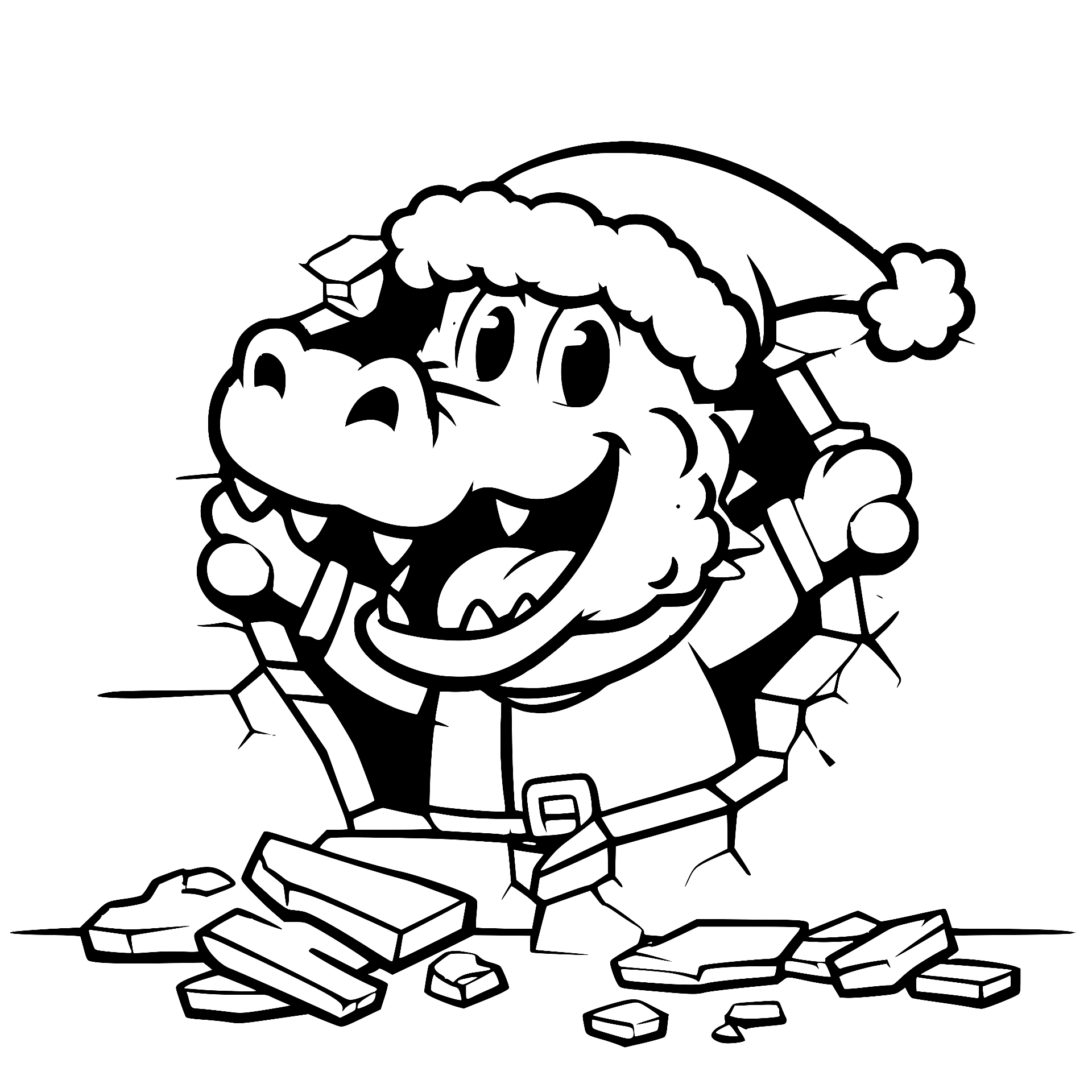 Crocodile in a Santa hat breaking through a wall