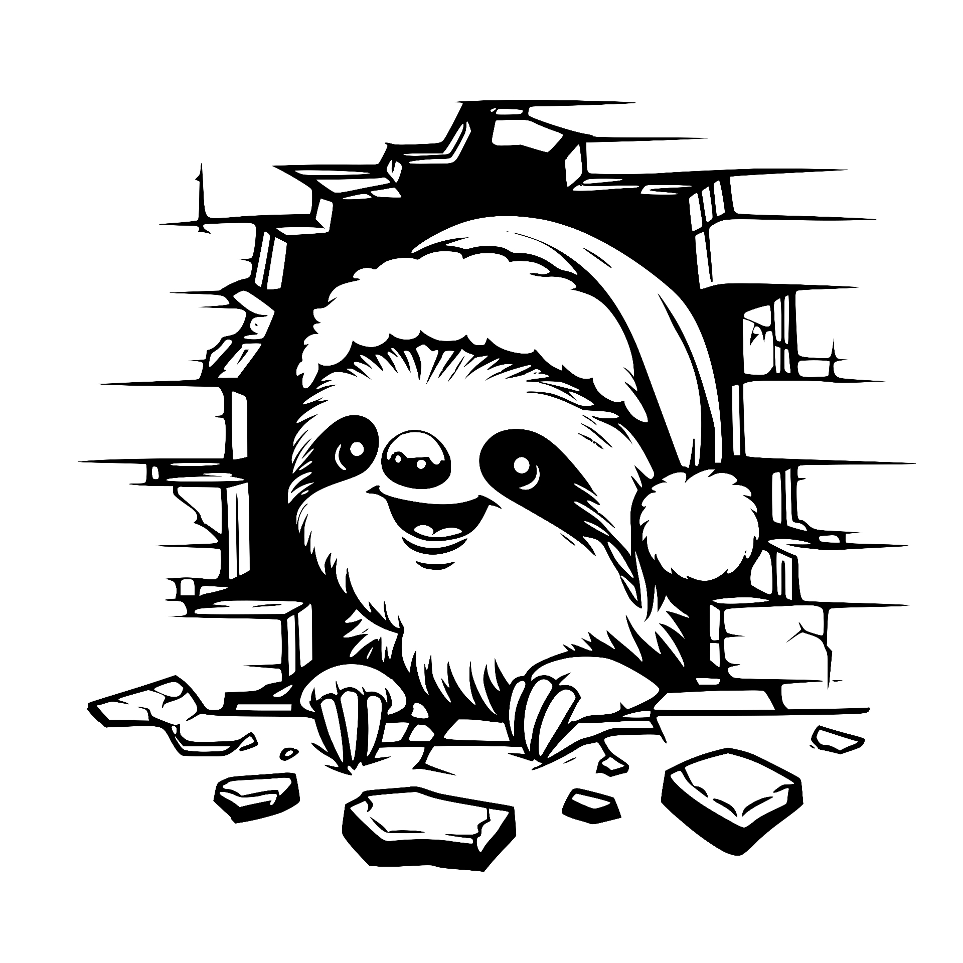 Sloth in a Santa hat peeking through a brick wall