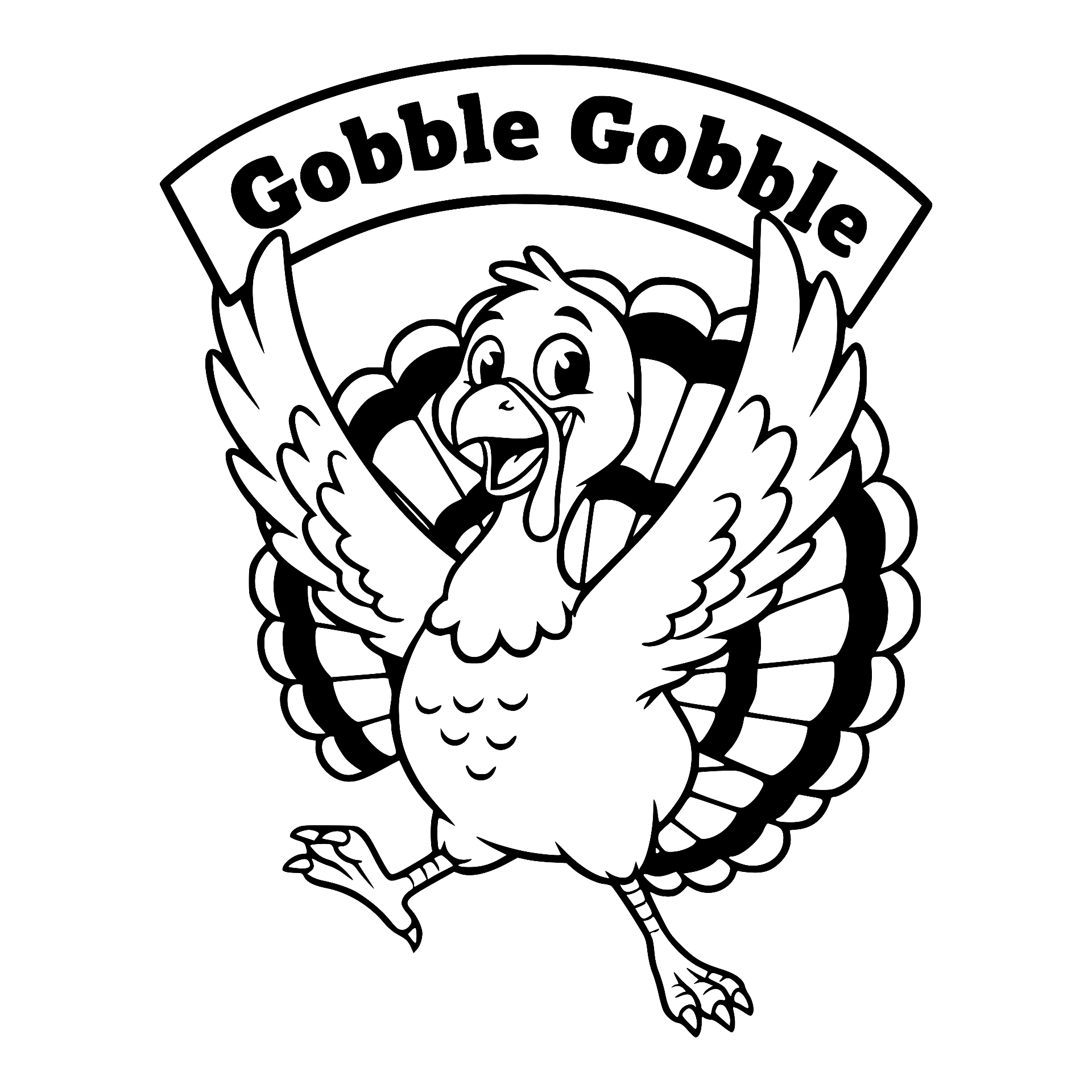 Cheerful turkey under a Gobble Gobble banner