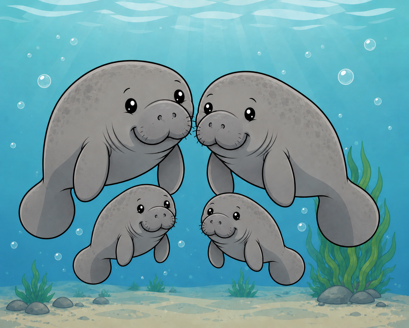Cartoon manatee family with two adults and two calves underwater