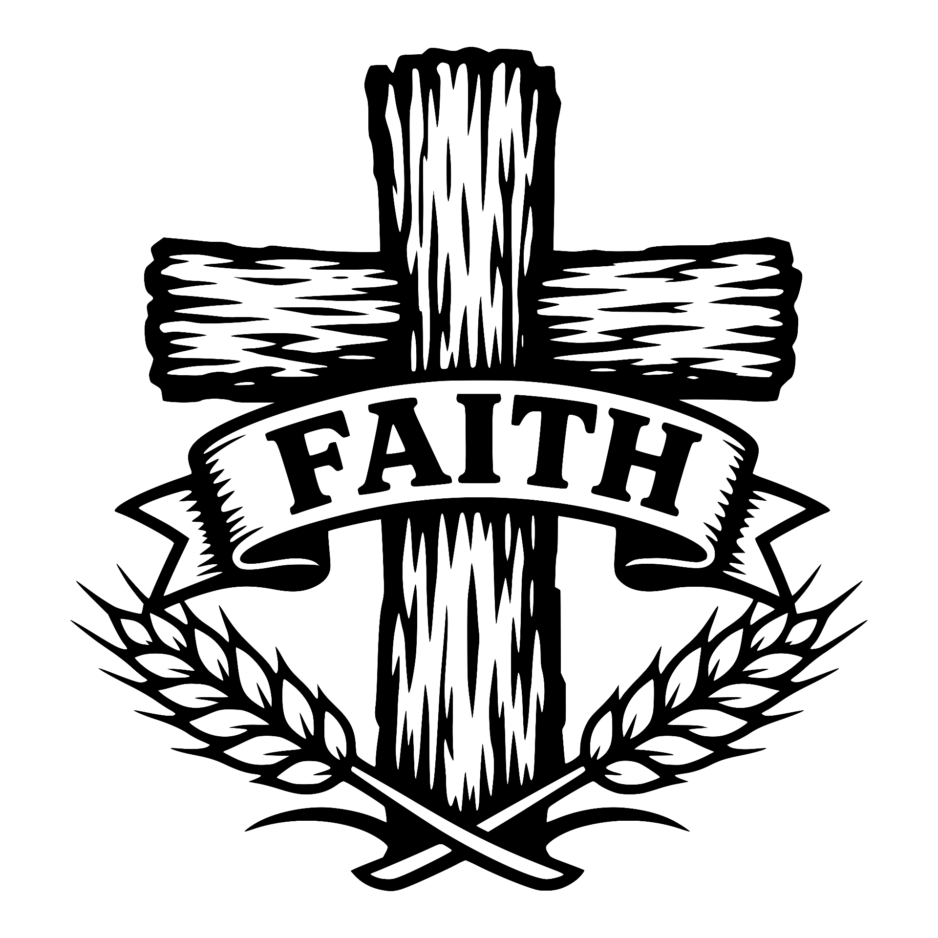 Wooden cross with a Faith banner and crossed wheat