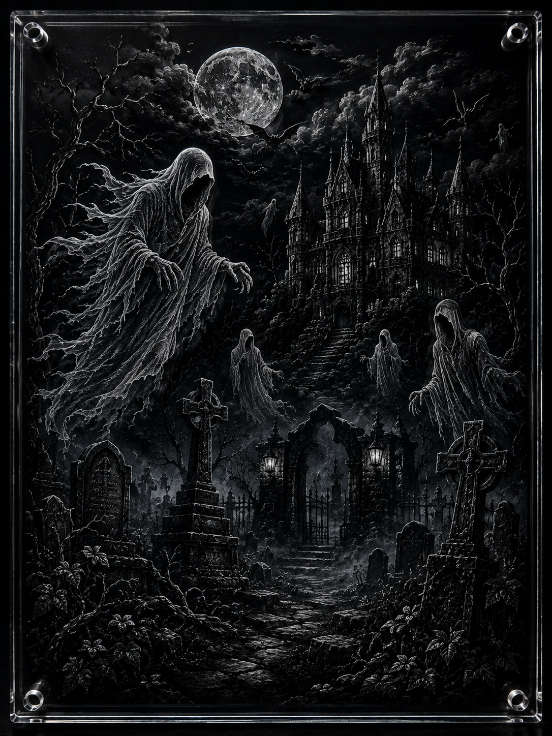 Shrouded ghosts rising in a moonlit graveyard by a gothic castle
