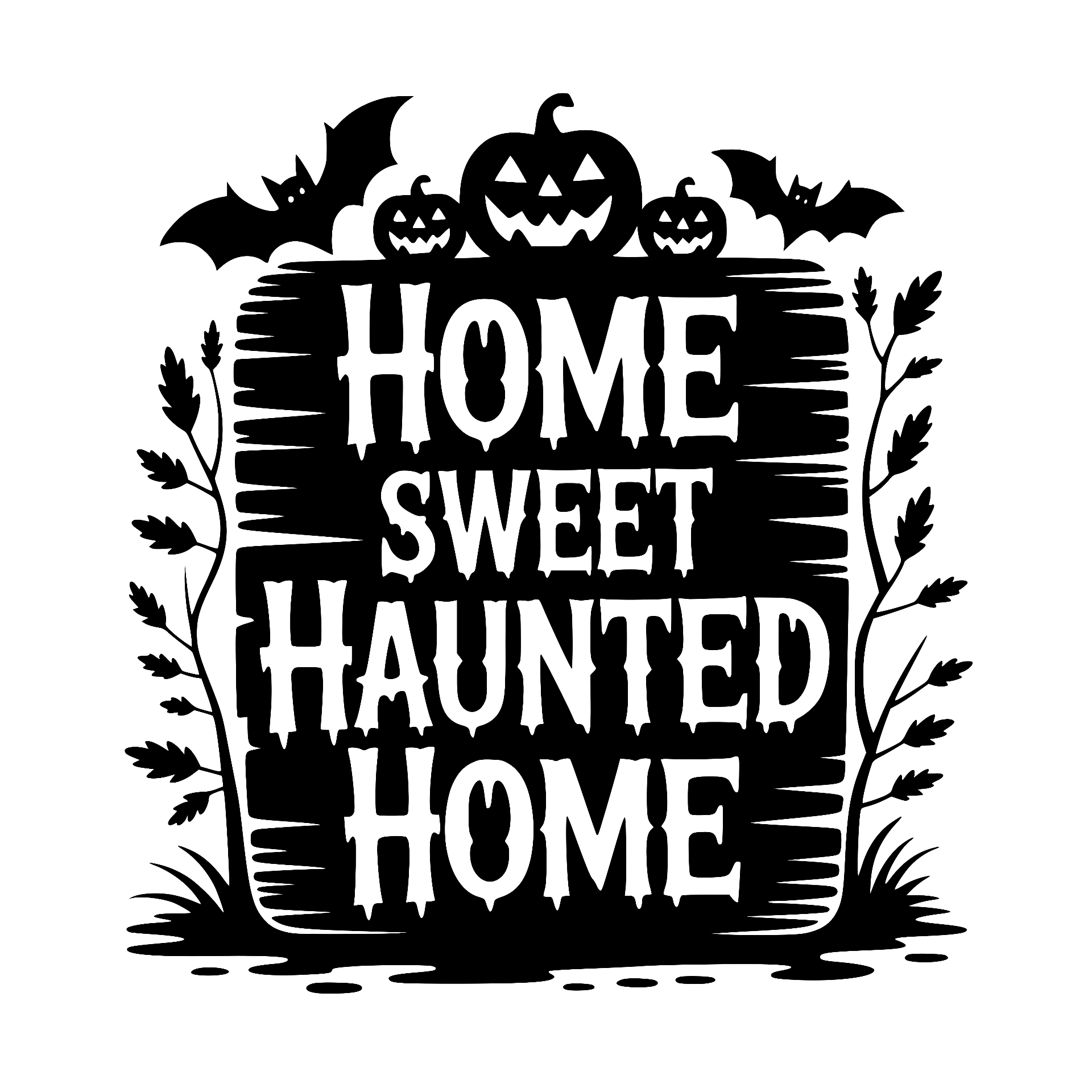 Home Sweet Haunted Home sign with pumpkins and bats