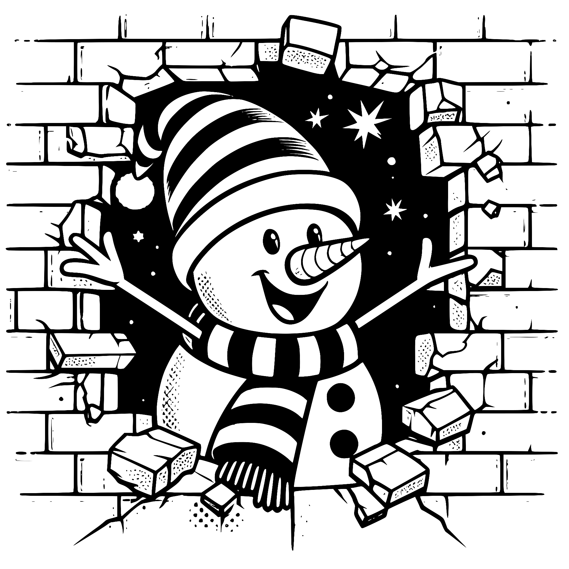 Snowman in a striped hat and scarf breaking through a brick wall