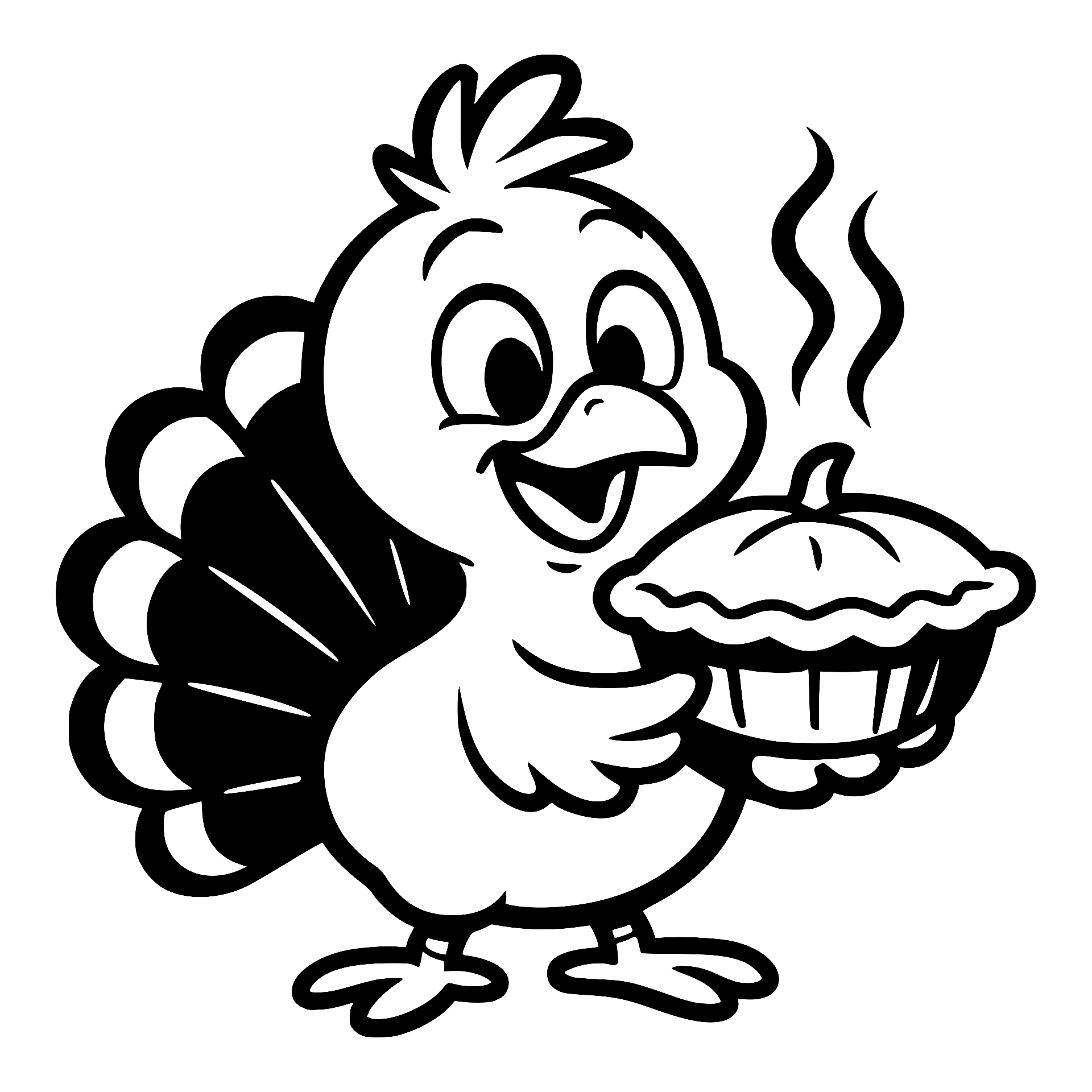 Smiling turkey holding a steaming whole pie