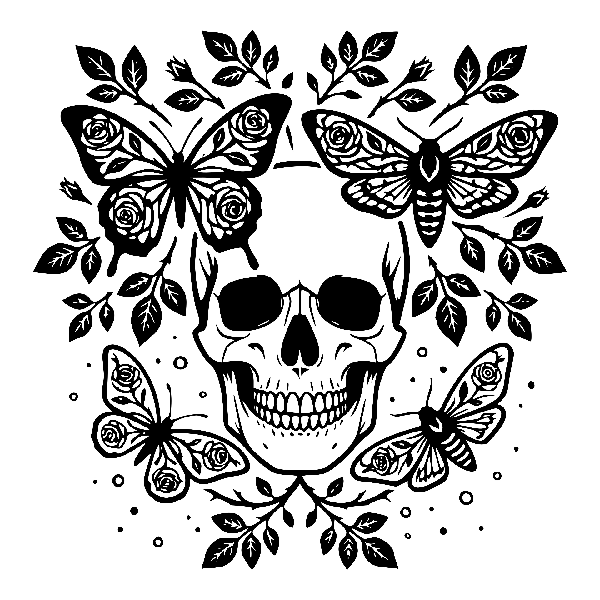 Skull surrounded by butterflies, moths and leaves