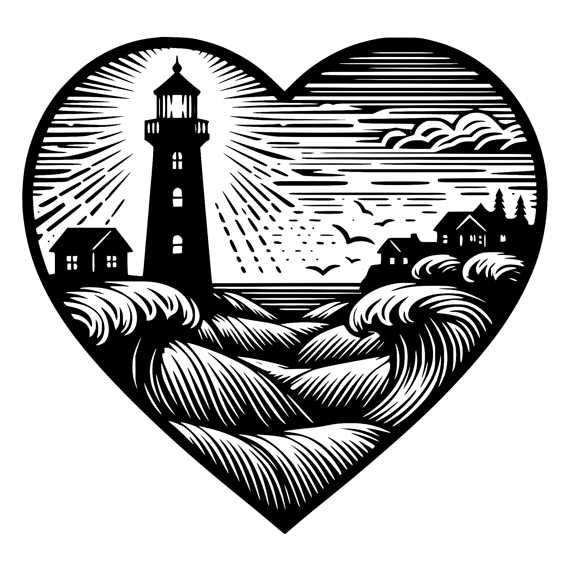 Heart-shaped lighthouse village scene with waves