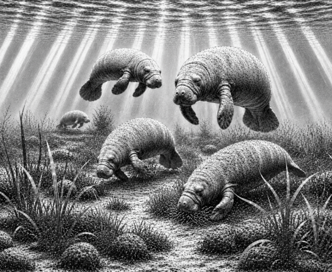 Manatees grazing underwater in seagrass with light rays