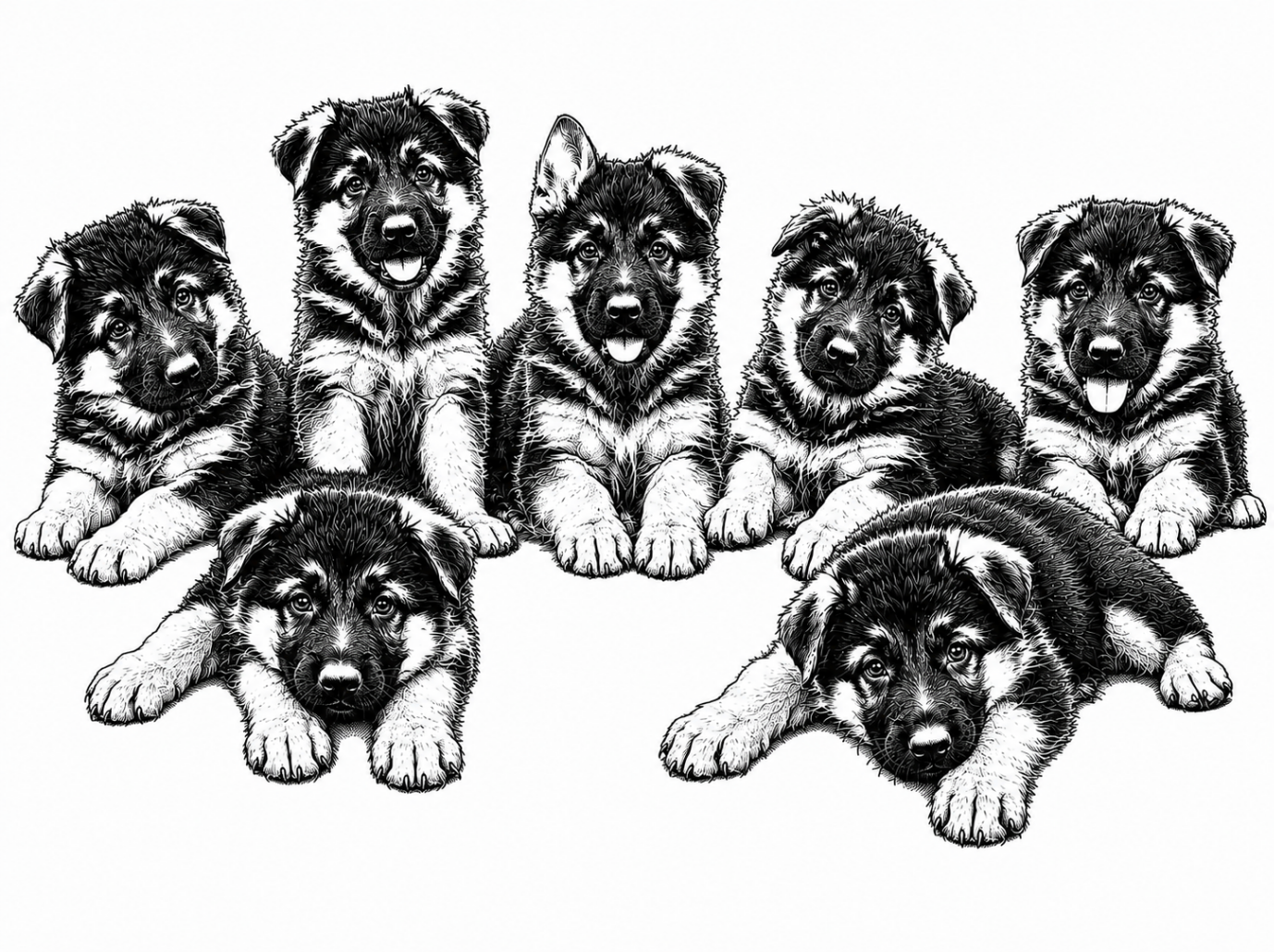 German shepherd puppies engraving-style artwork