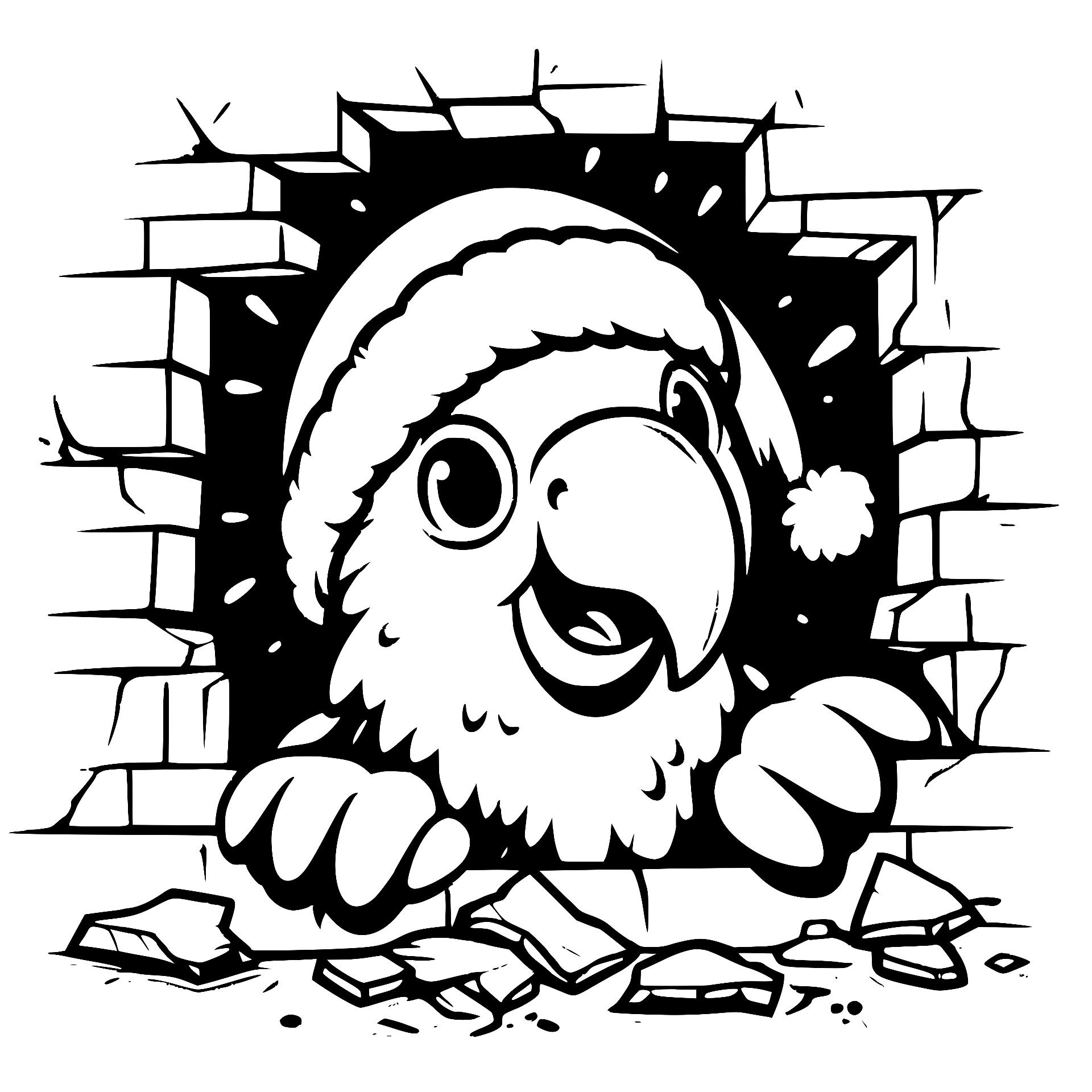 Parrot in a Santa hat breaking through a brick wall