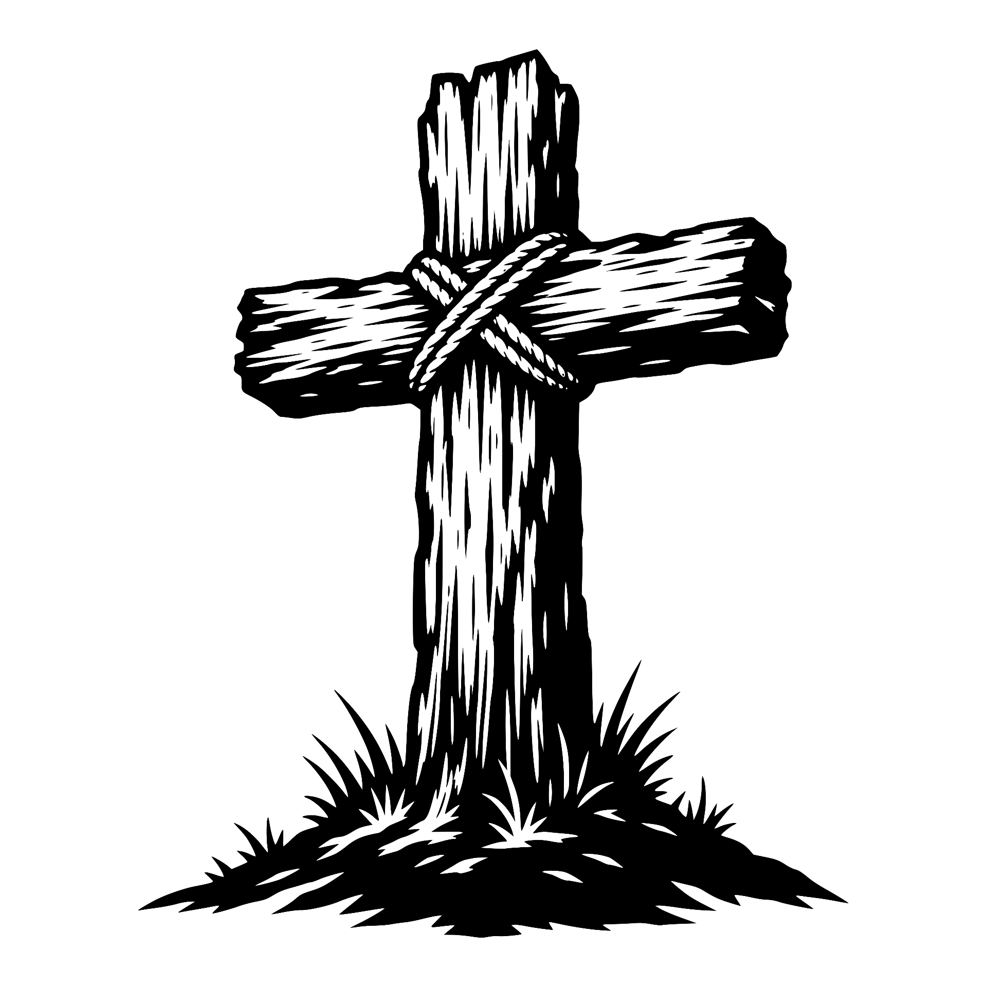 Rugged wooden cross bound with rope in grass