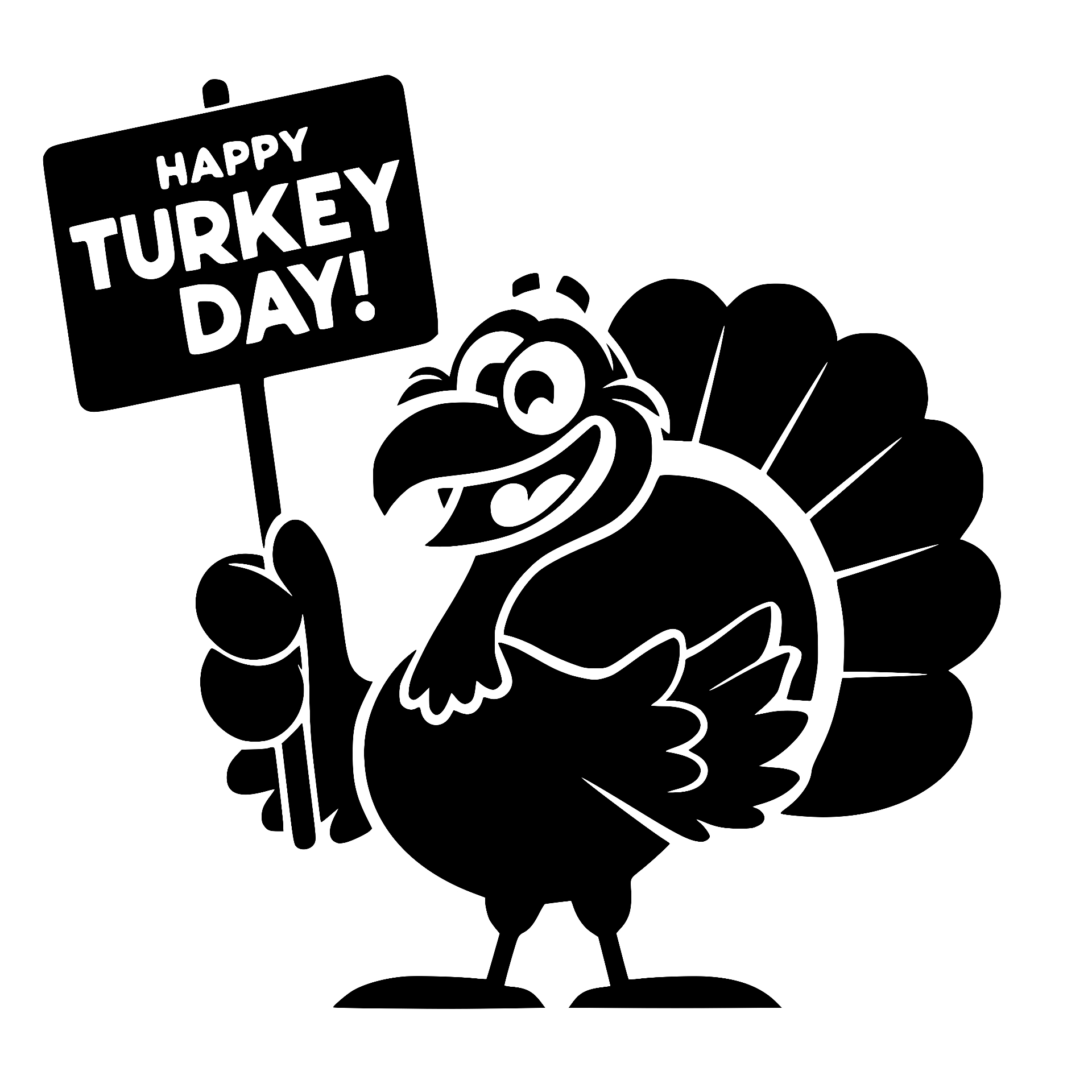 Cartoon turkey holding a Happy Turkey Day sign