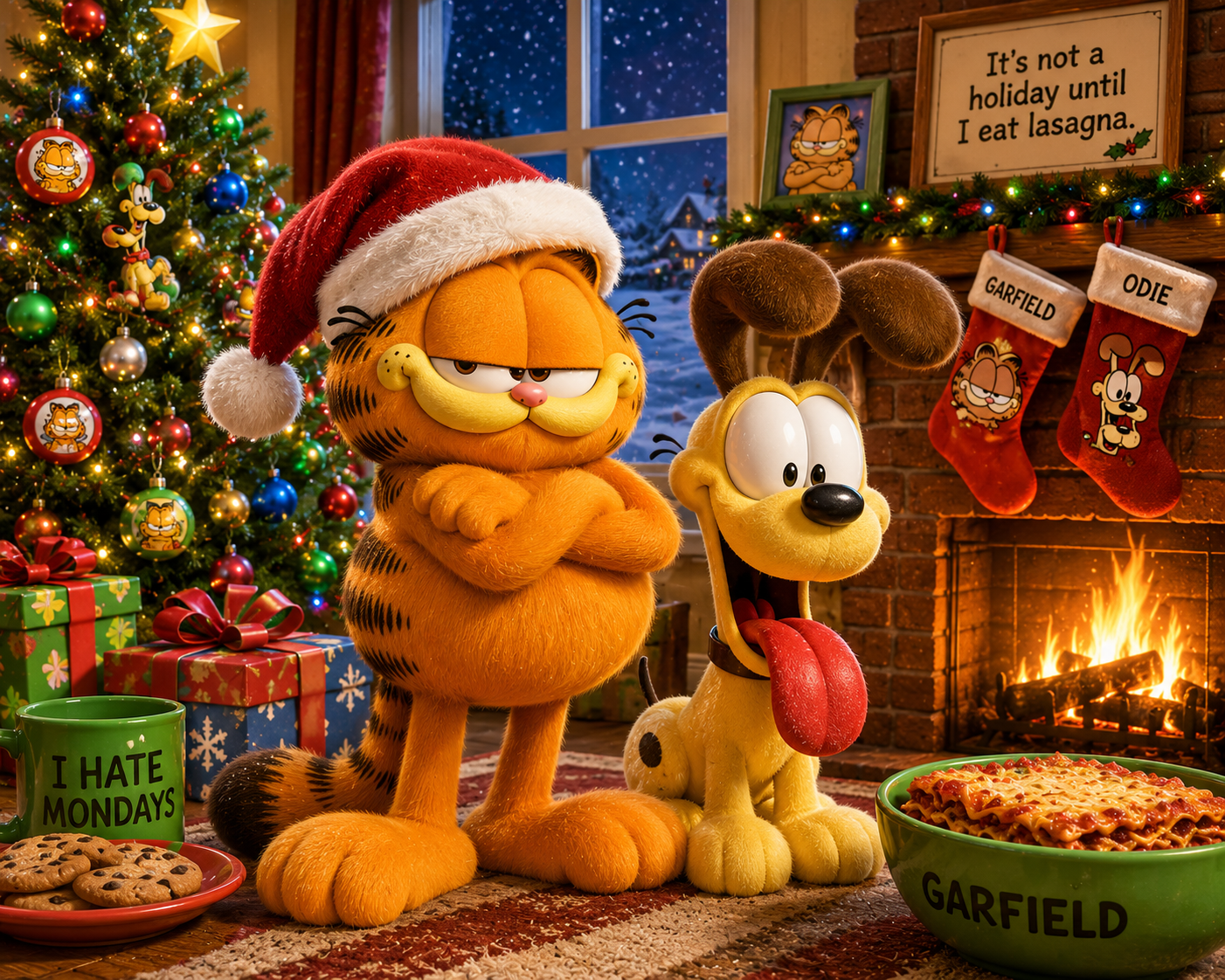 Garfield in a Santa hat and Odie by the fireplace on Christmas