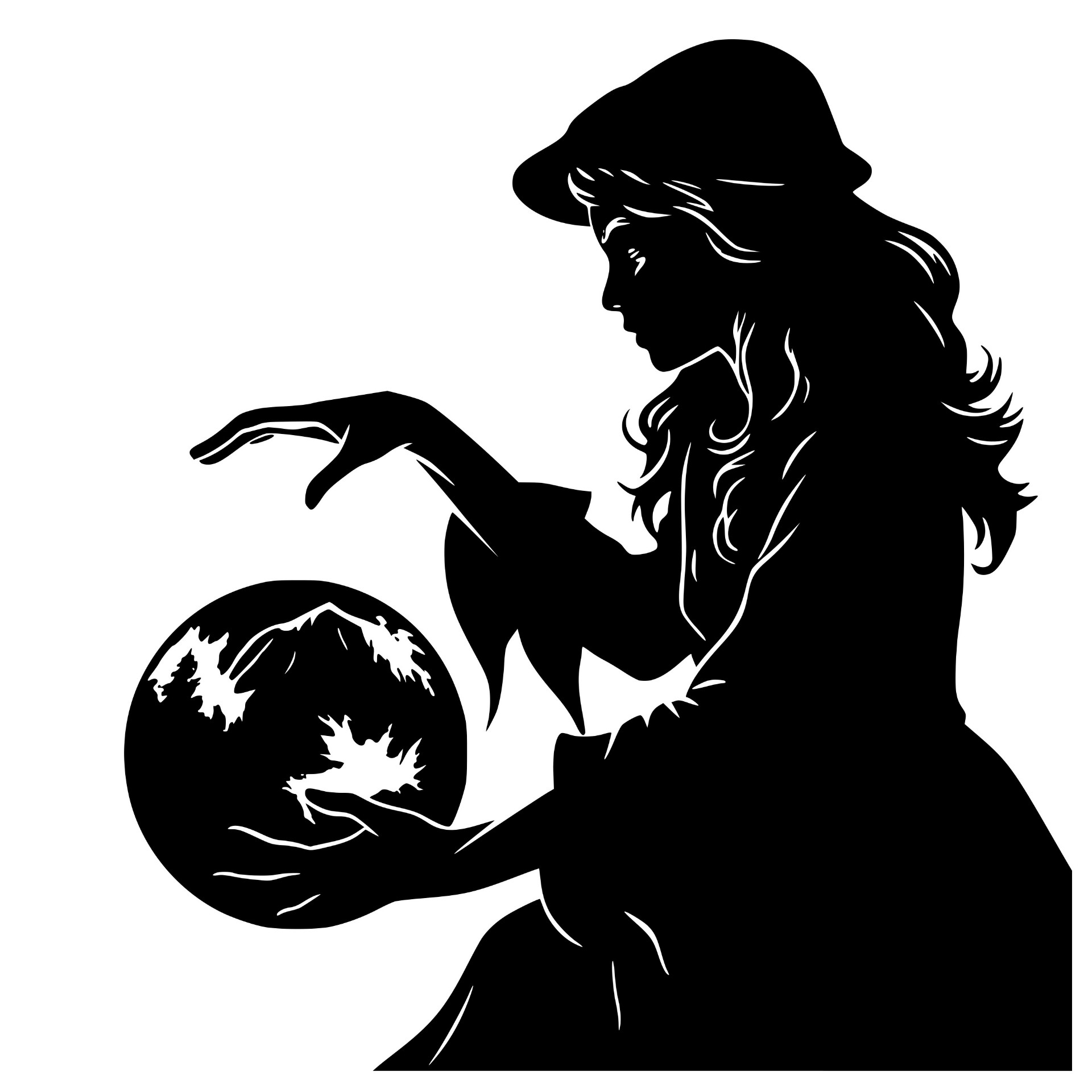 Witch holding a crystal ball with a mountain scene