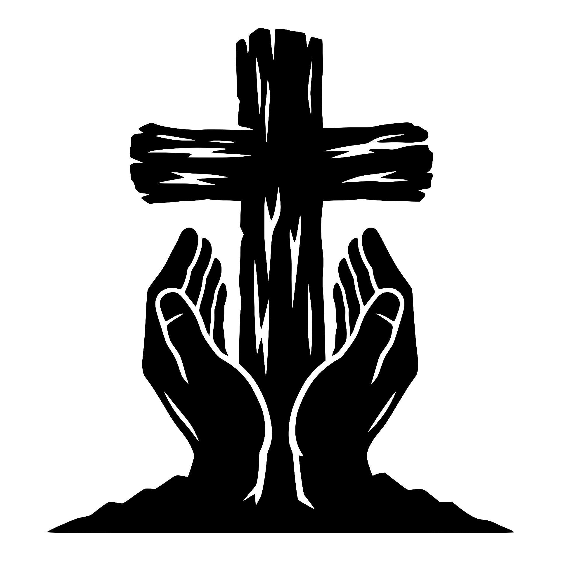 Praying hands rising from the ground holding up a cross