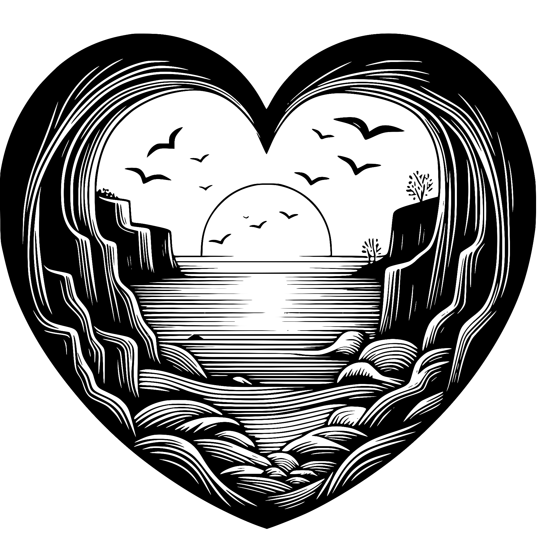 Heart with coastal cliffs and sunset