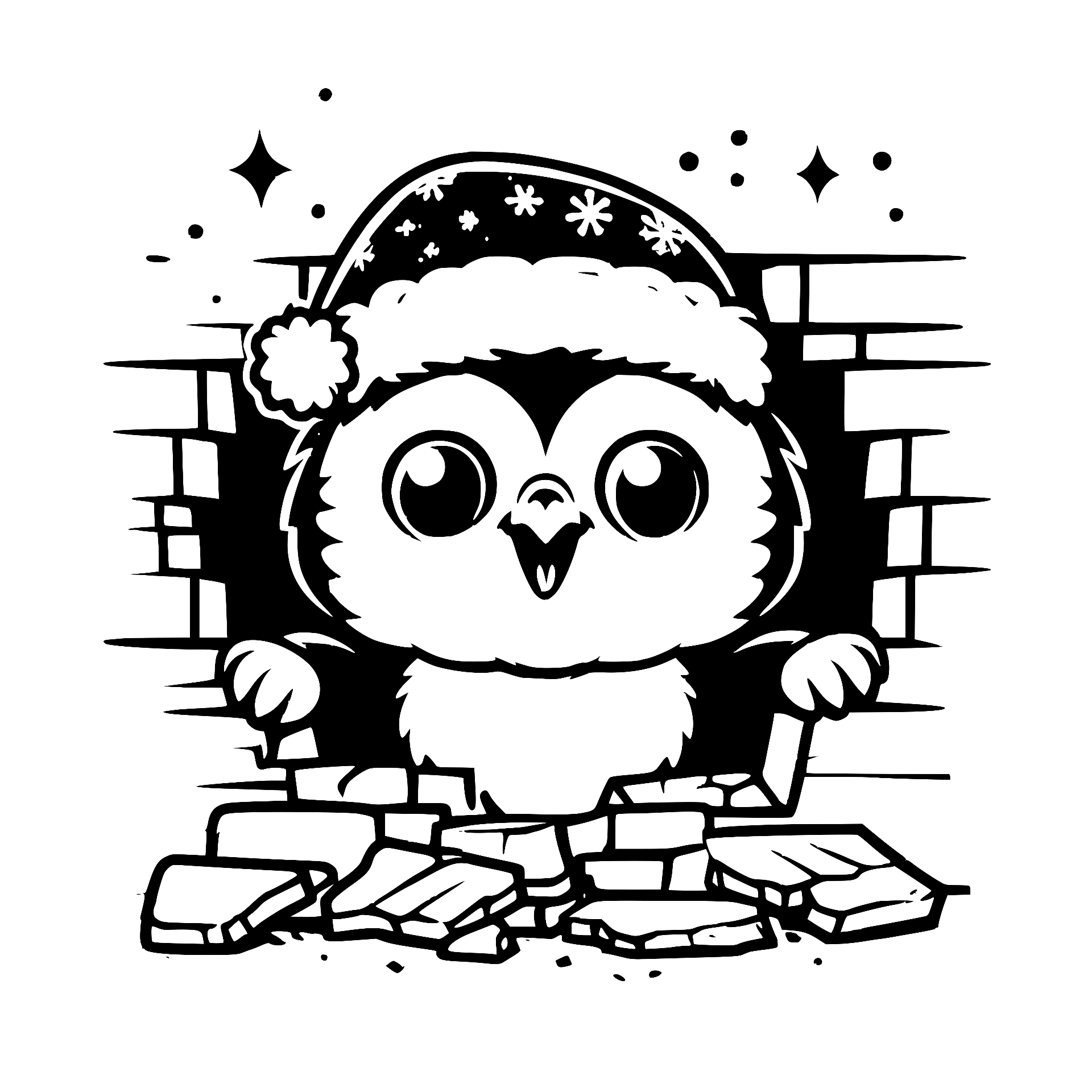 Owl in a winter Santa hat breaking through a brick wall
