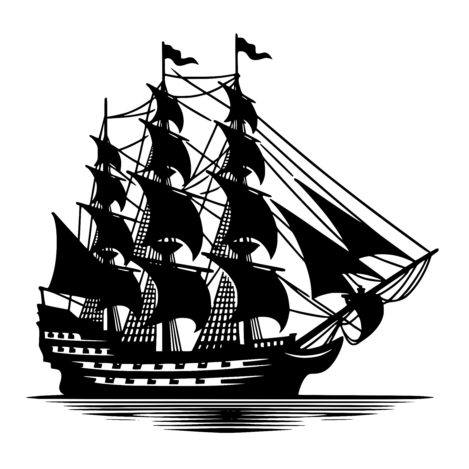 Detailed pirate galleon silhouette on calm water