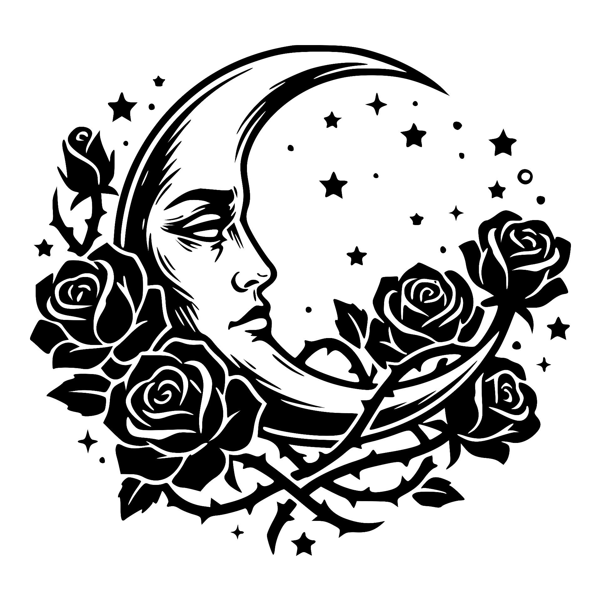 Crescent moon face surrounded by roses and stars