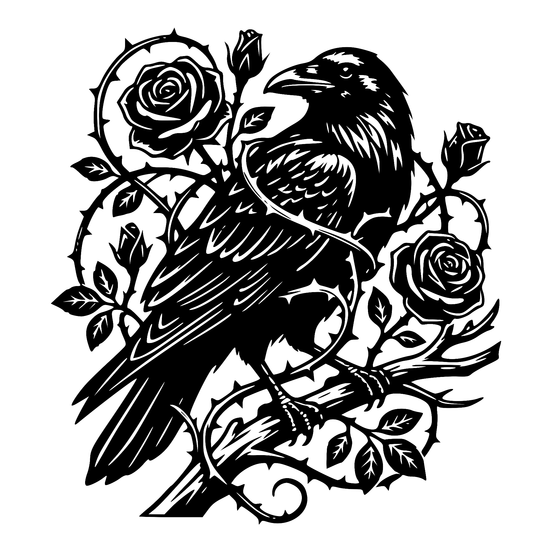 Raven perched among thorny roses and branches