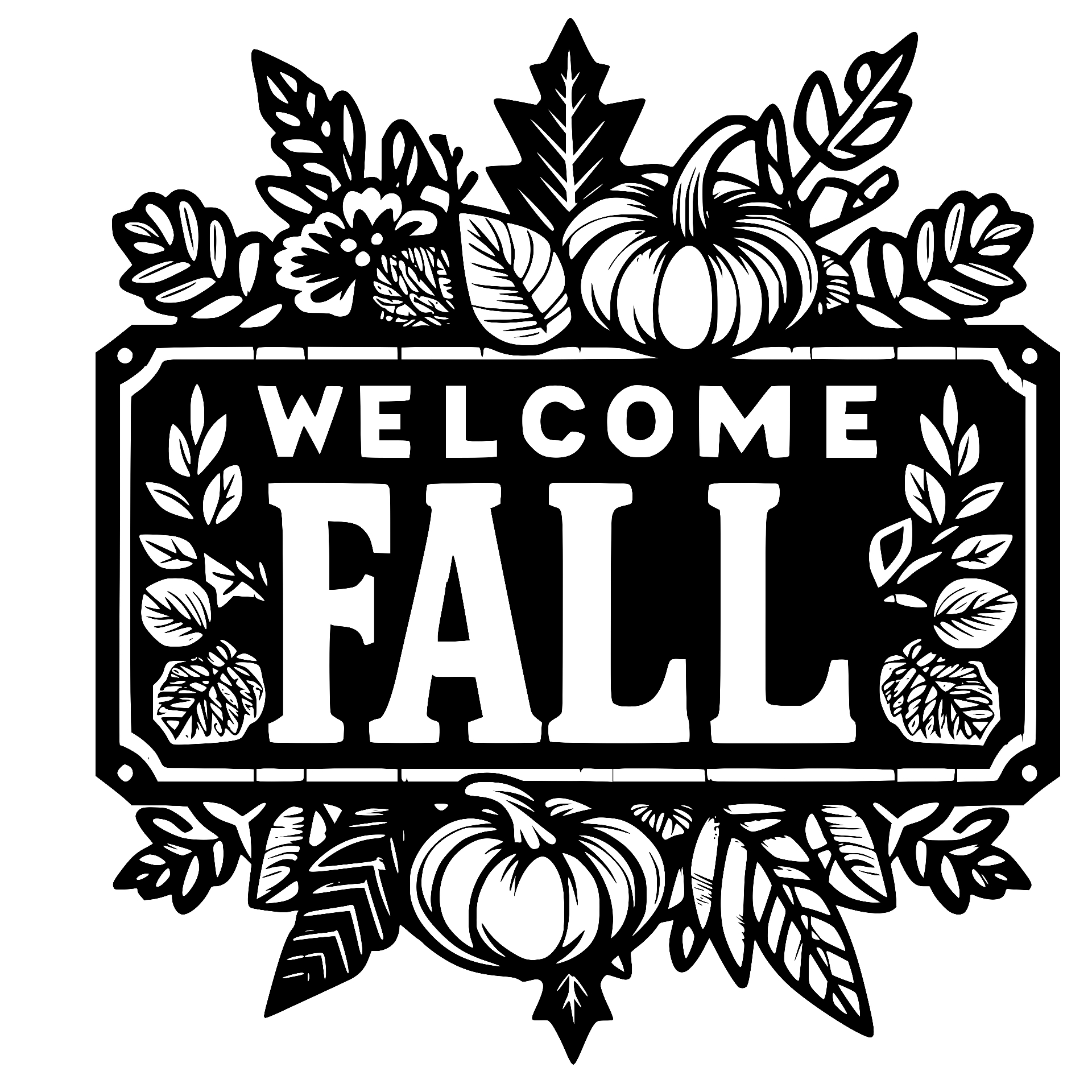 Welcome Fall sign framed with pumpkins and leaves