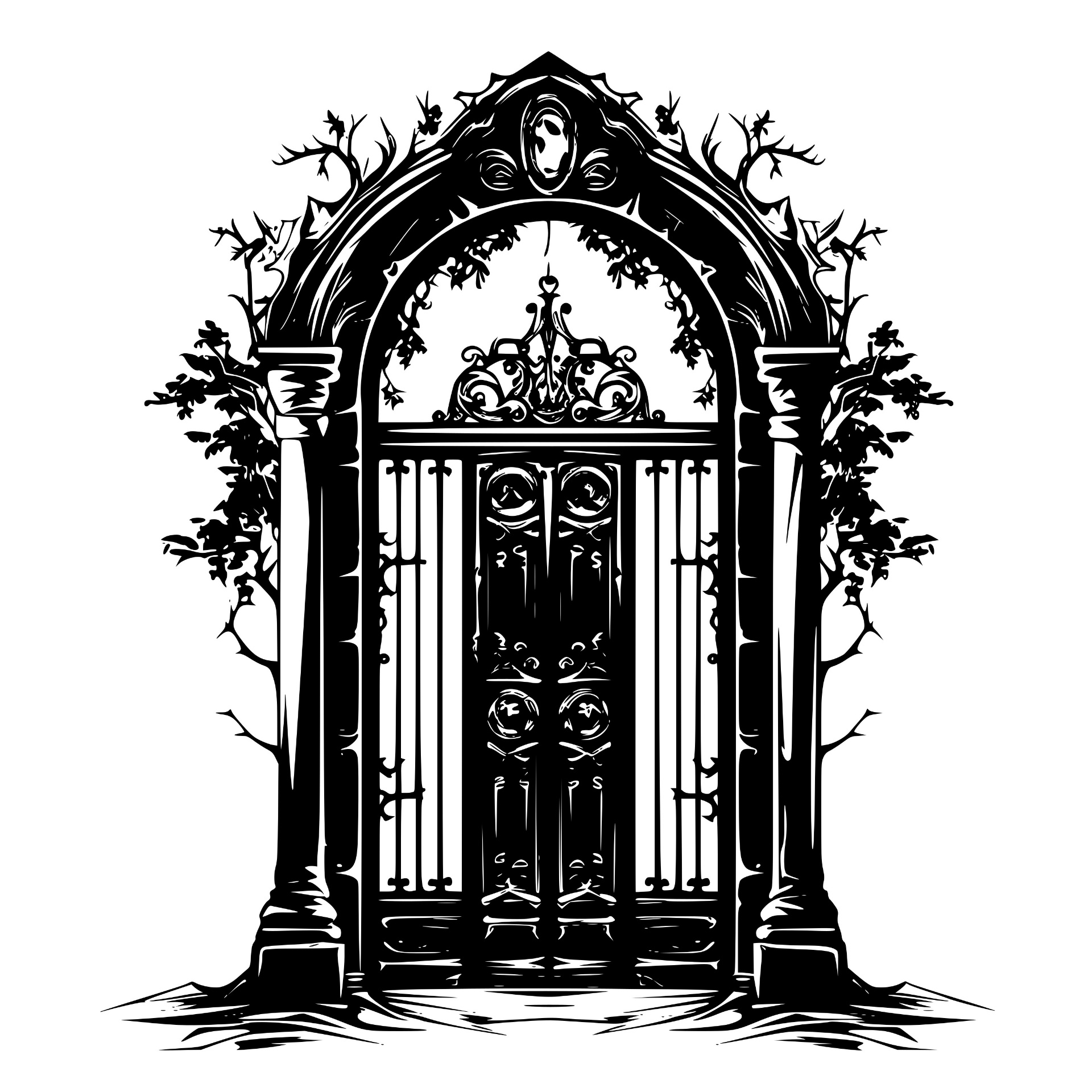 Ornate gothic garden gate framed by thorny branches