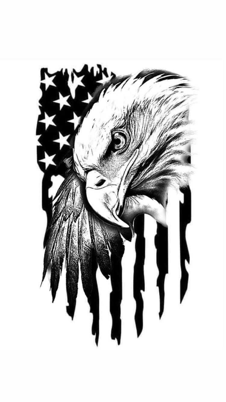 Detailed bald eagle head over a distressed American flag