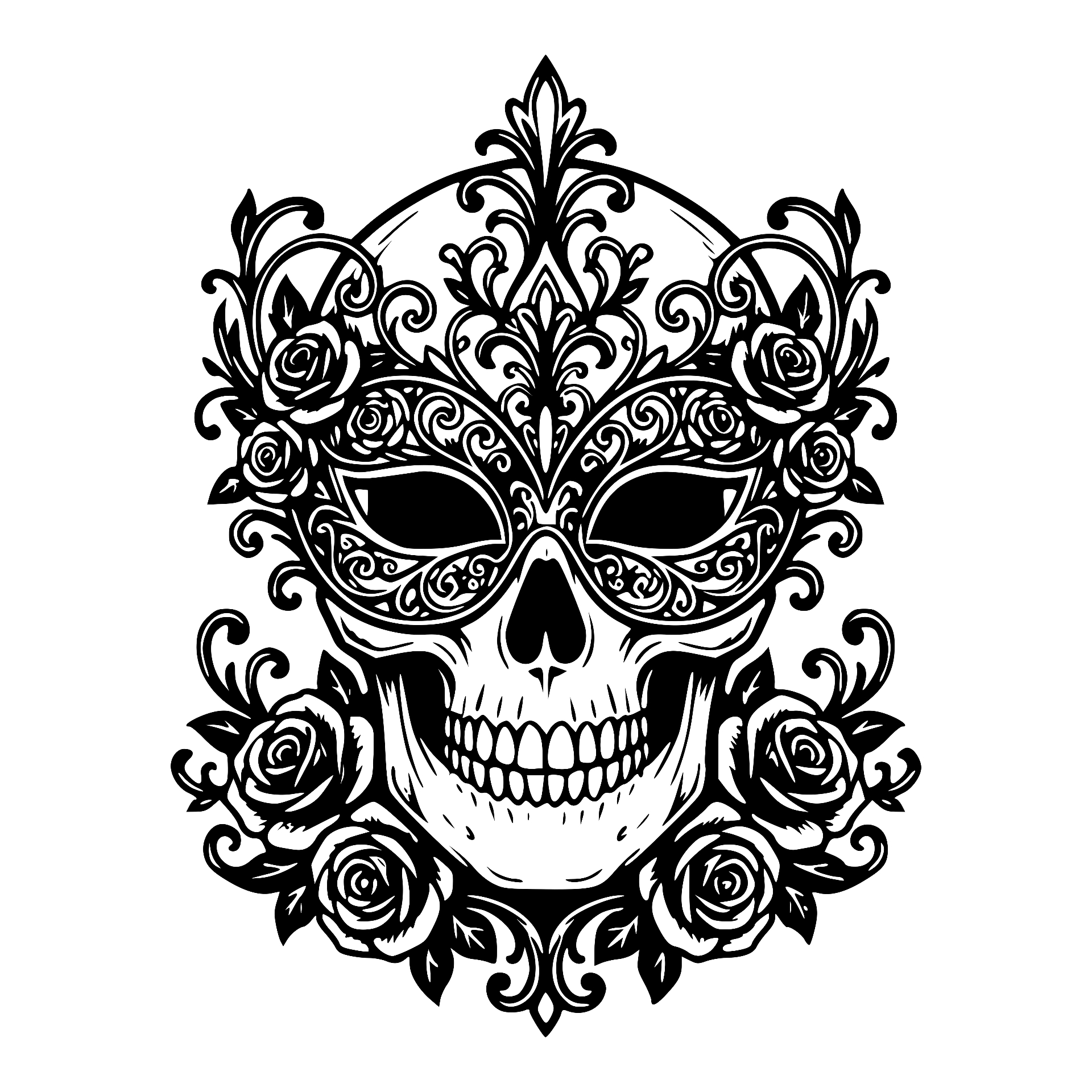 Skull wearing an ornate masquerade mask surrounded by roses