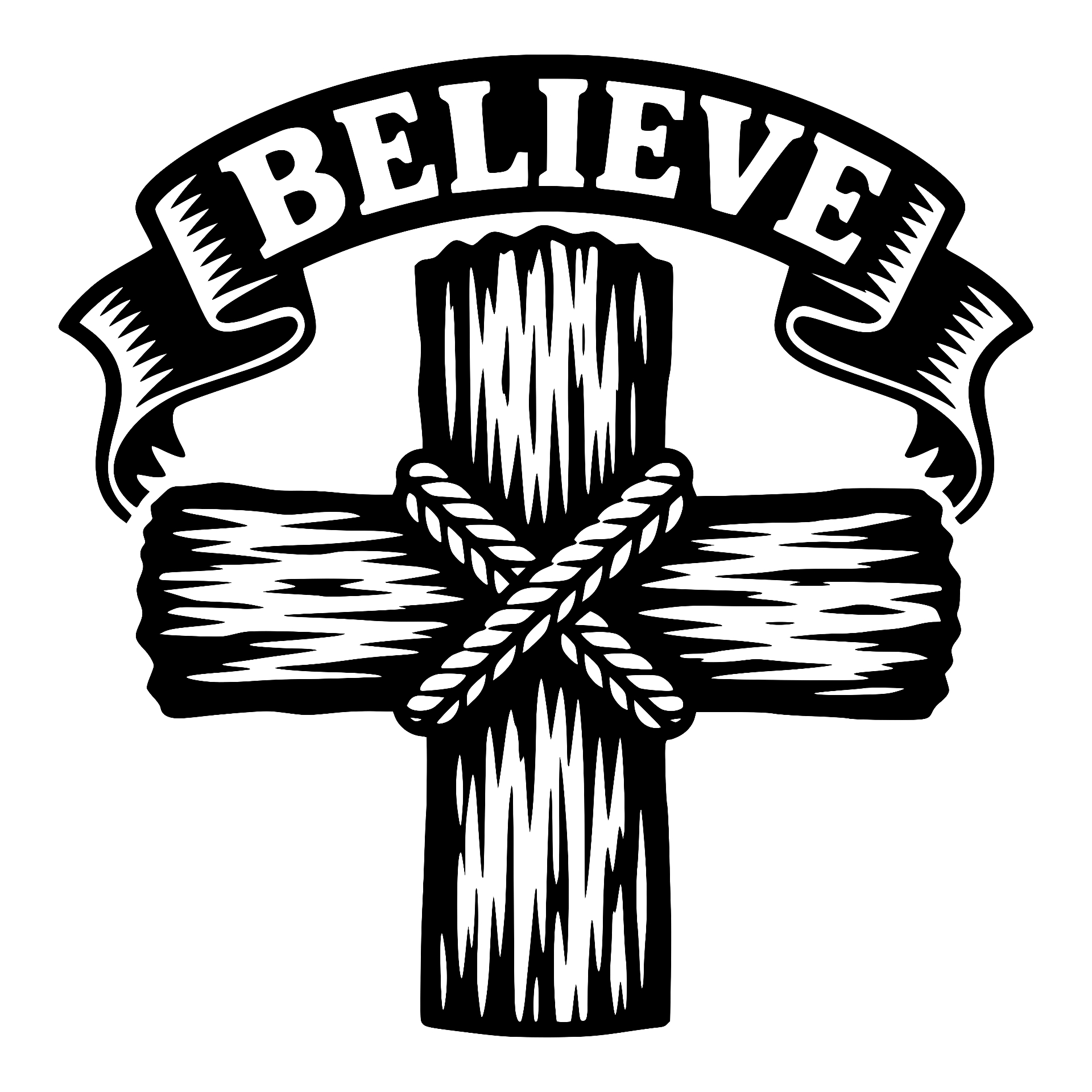 Rope-bound wooden cross with a Believe banner