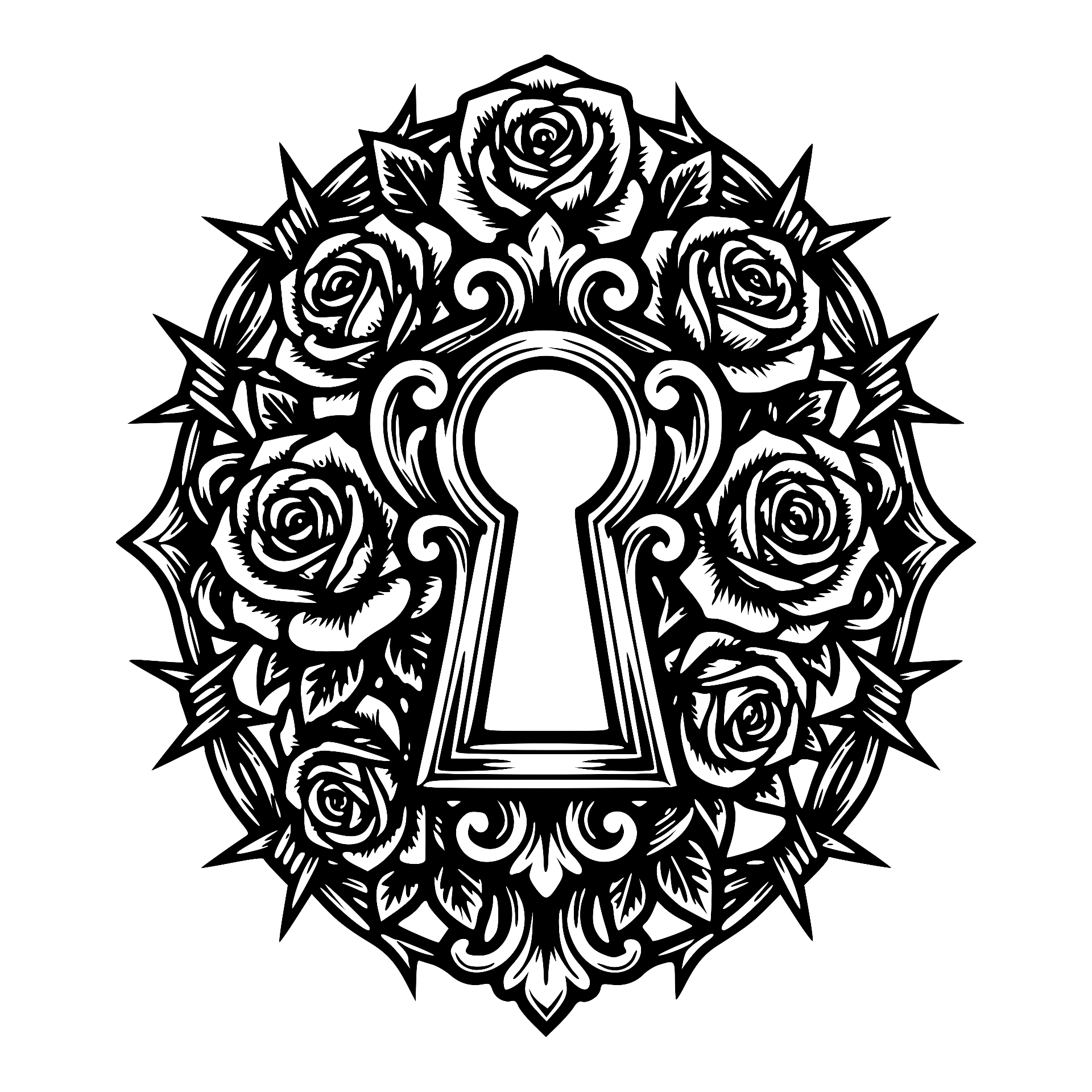 Ornate keyhole surrounded by roses and thorns