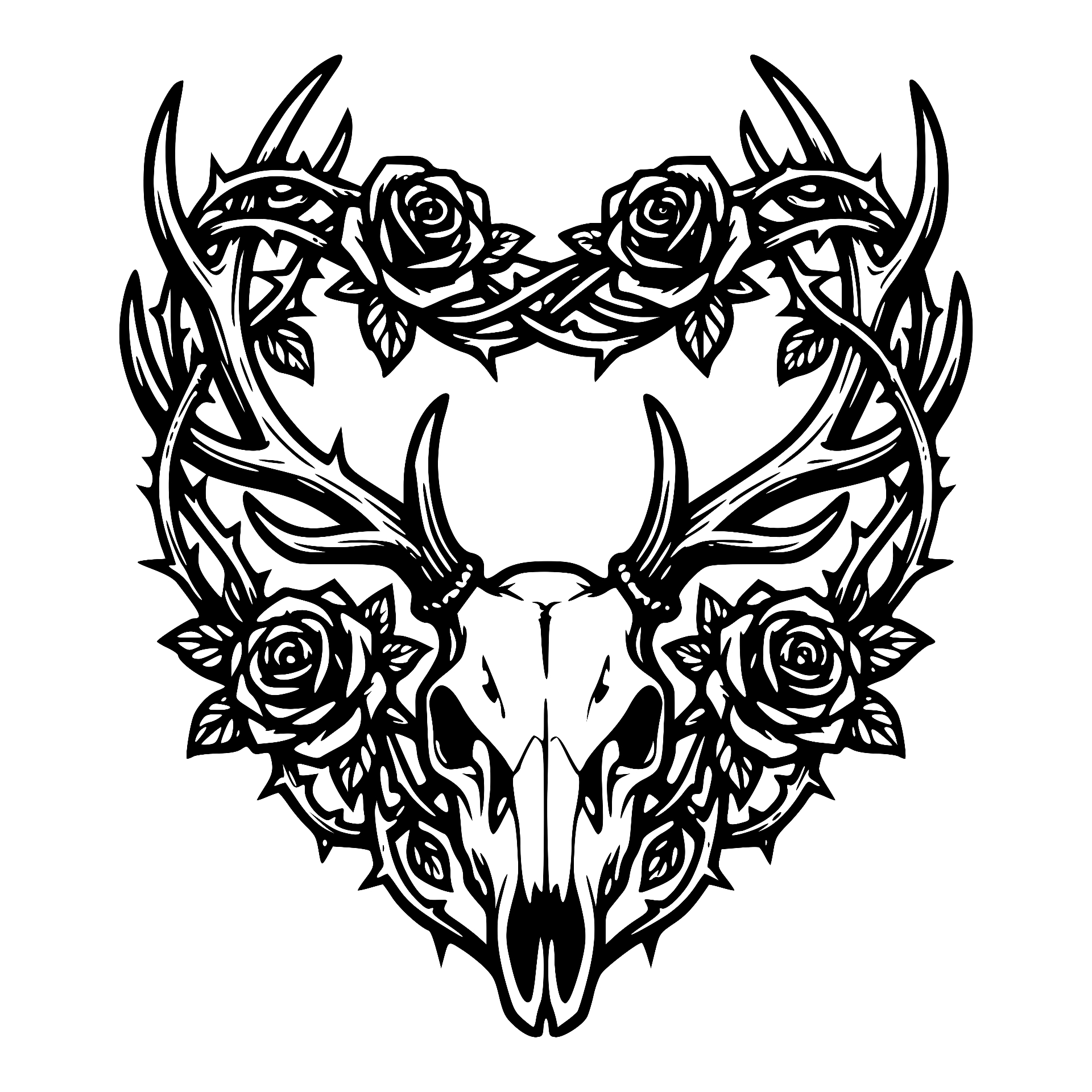 Antlered deer skull framed with roses and thorns