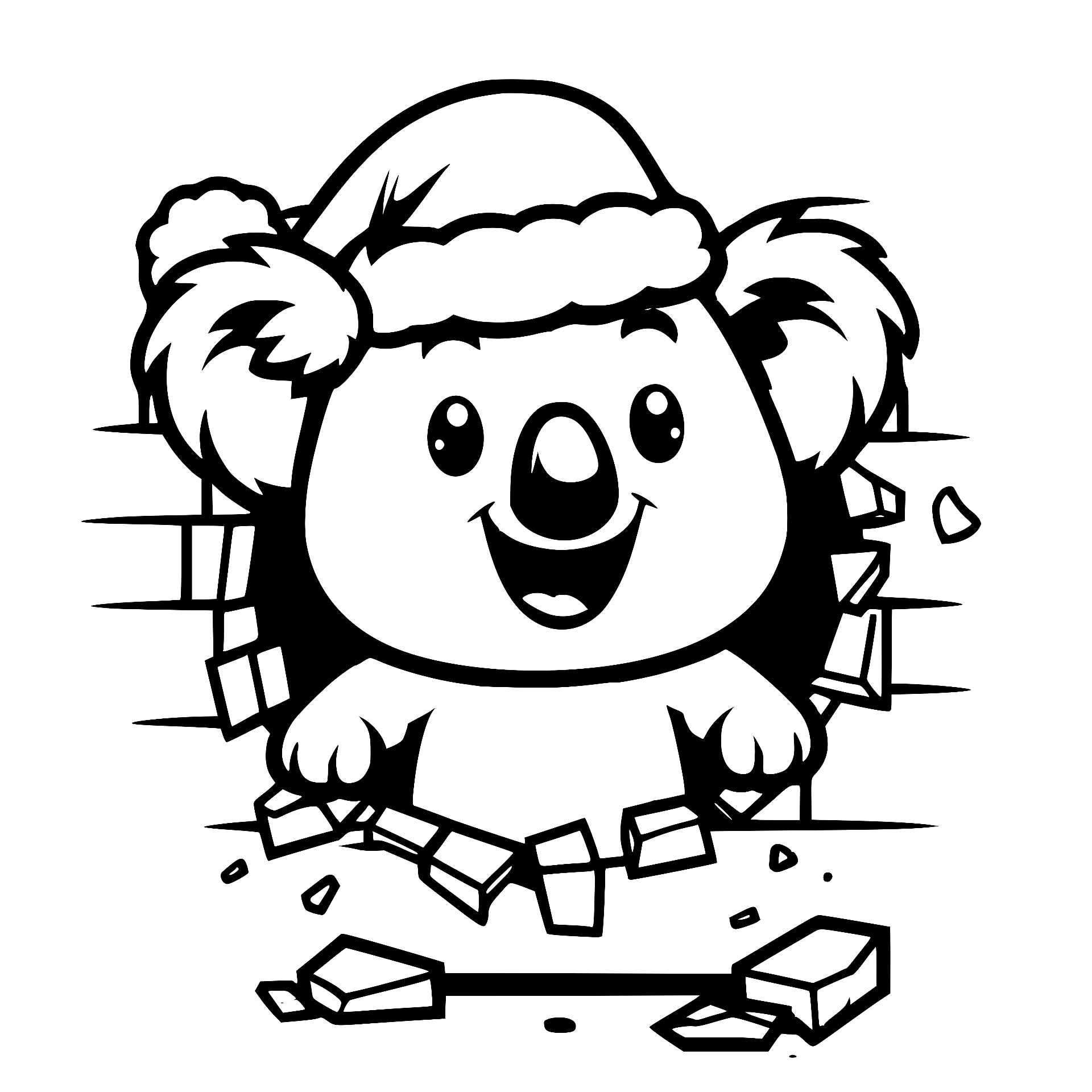 Koala in a Santa hat breaking through a brick wall