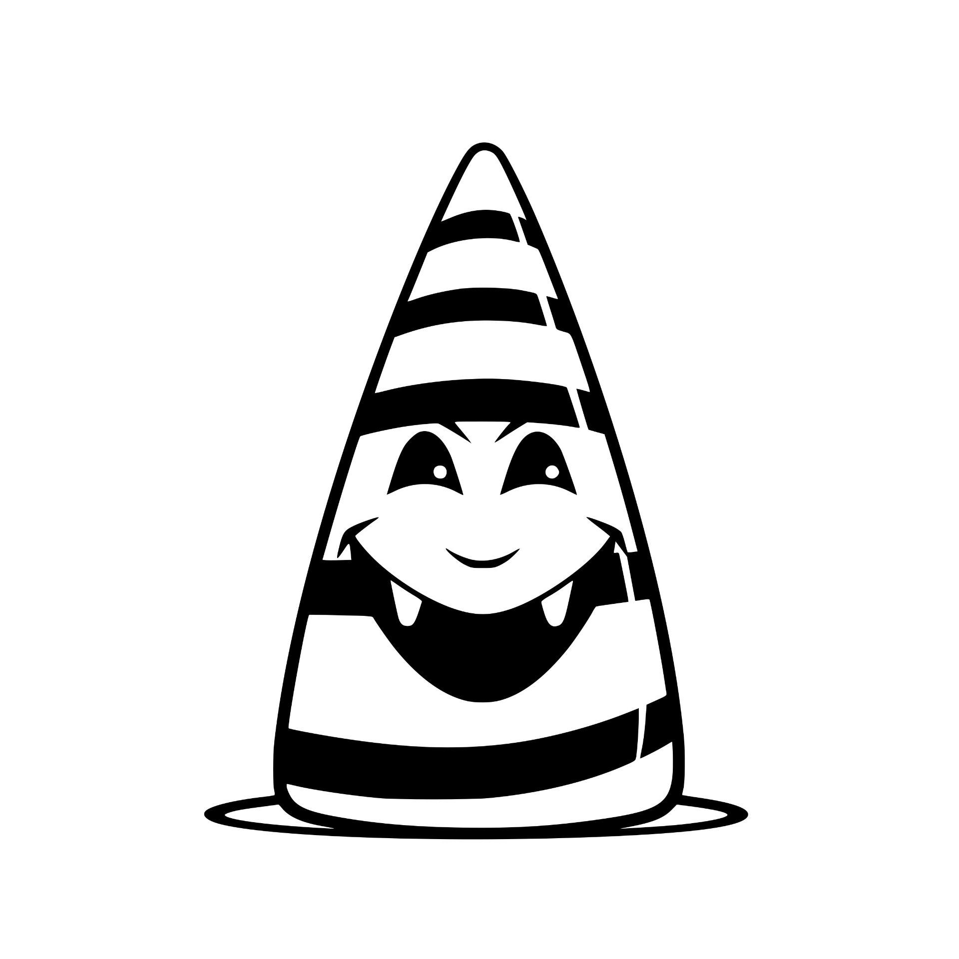 Smiling candy corn character with vampire fangs