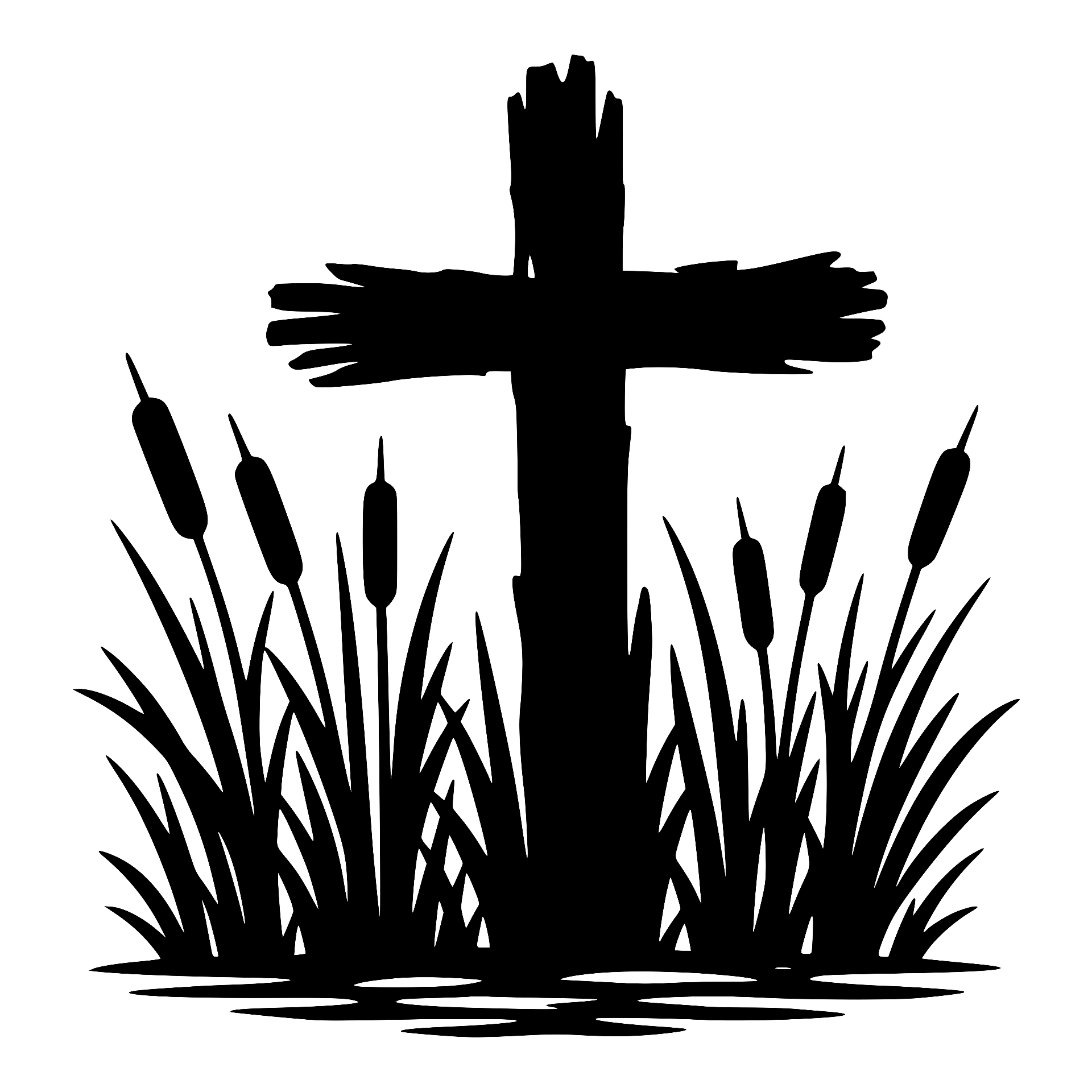 Wooden cross among cattails and reeds by the water
