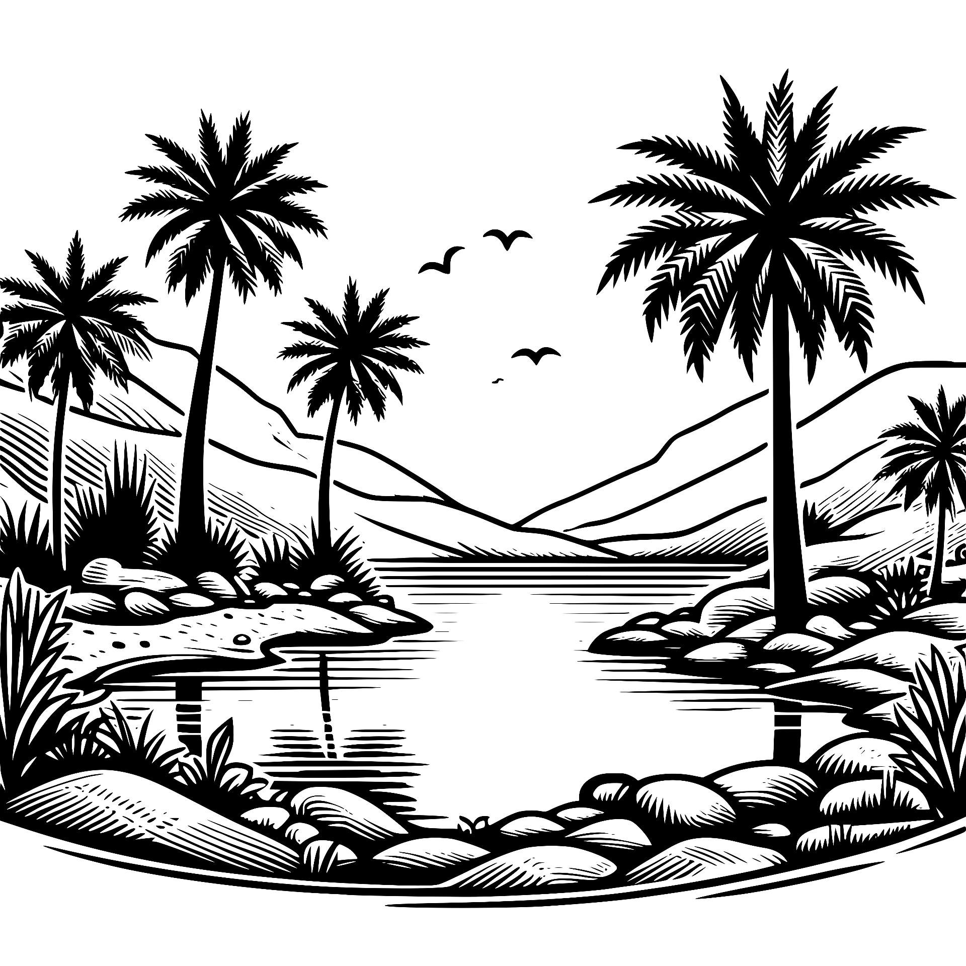 Desert oasis with palm trees and pond